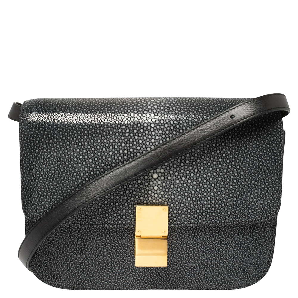 Celine Dark Grey/Black Stingray and Leather Medium Classic Box Shoulder Bag