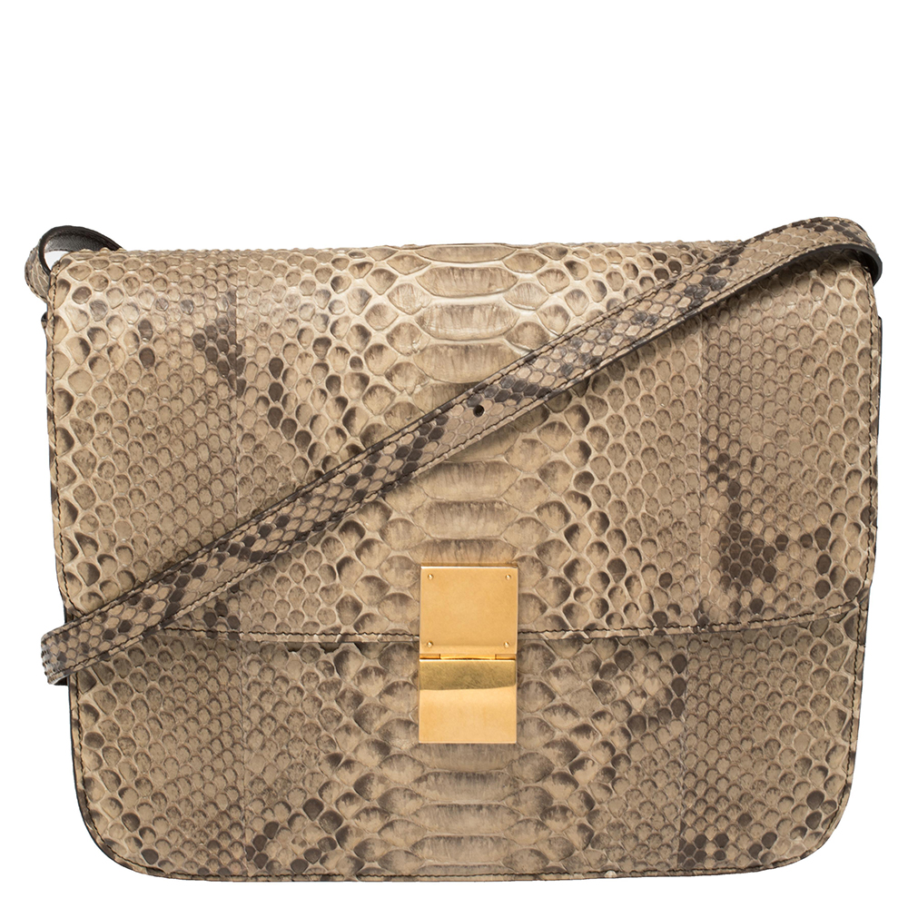 Celine Beige Python Large Classic Box Shoulder Bag
