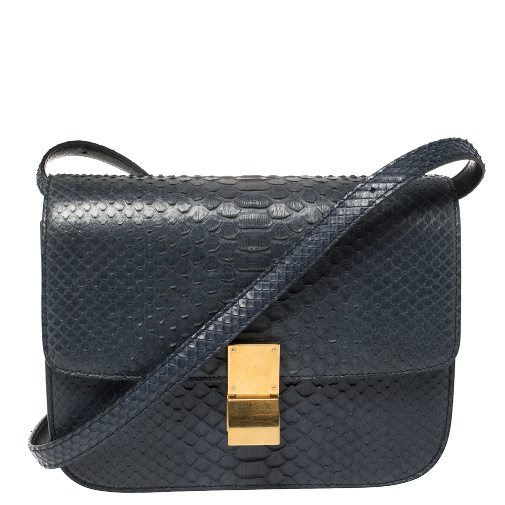 Celine Navy Blue Python Medium Classic Box Shoulder Bag