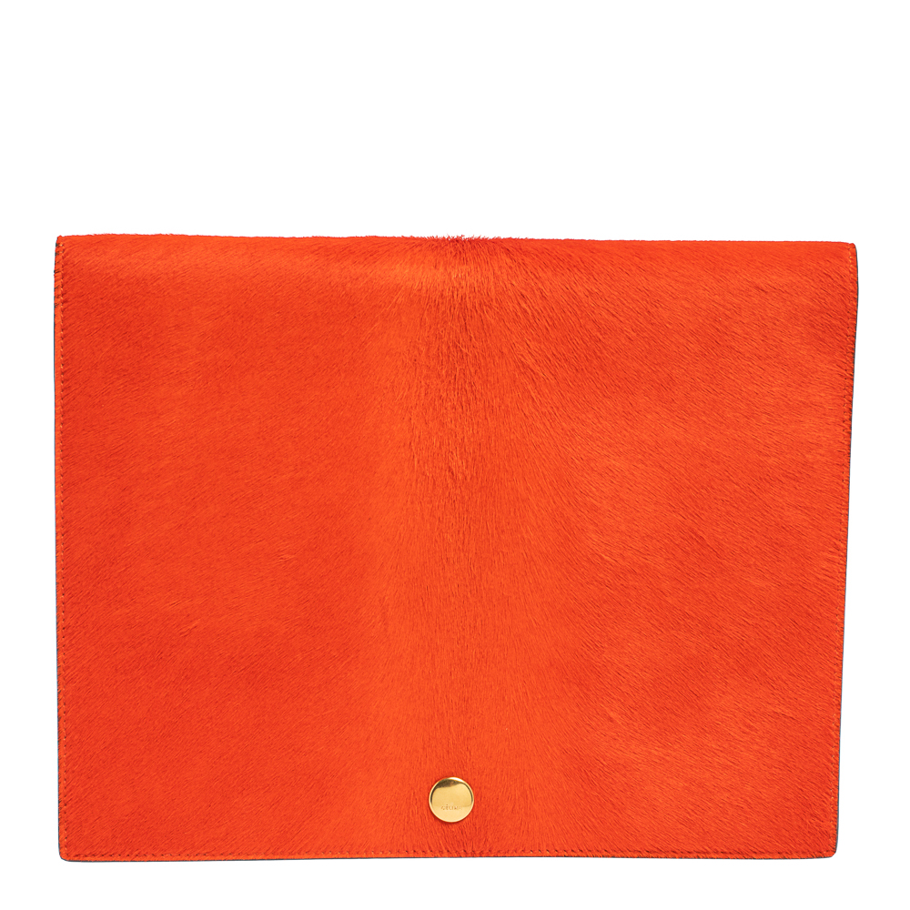 Celine Orange/Black Calfhair and Leather Double Flap Clutch