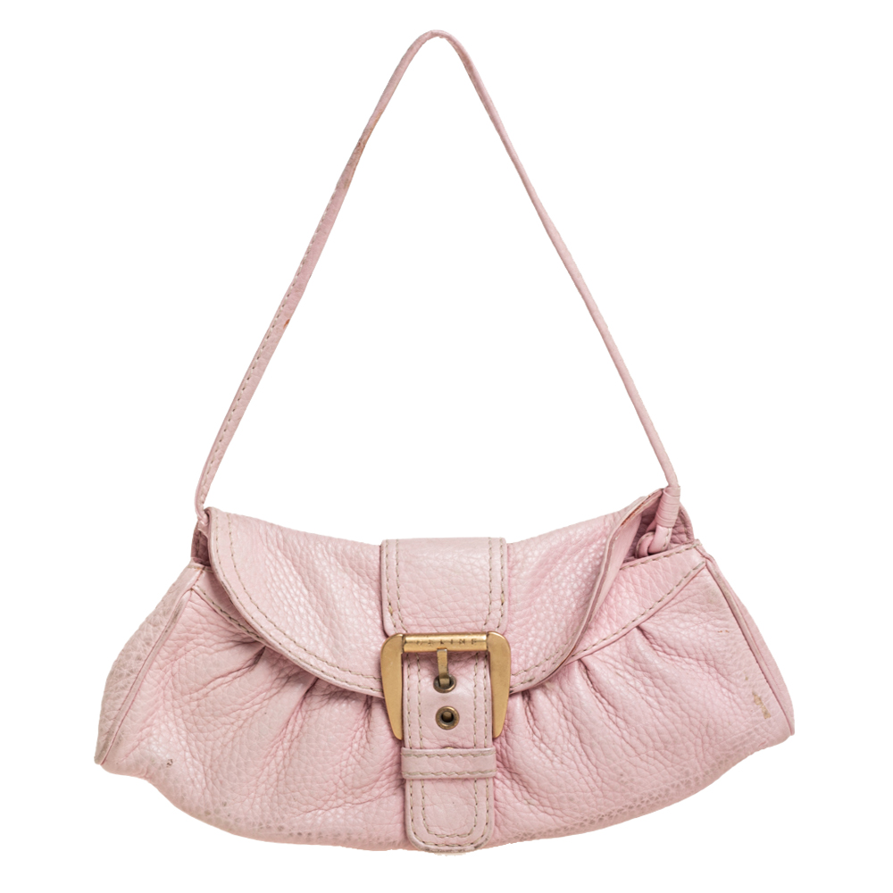 Celine Pink Textured Leather Buckle Embellished Shoulder Bag