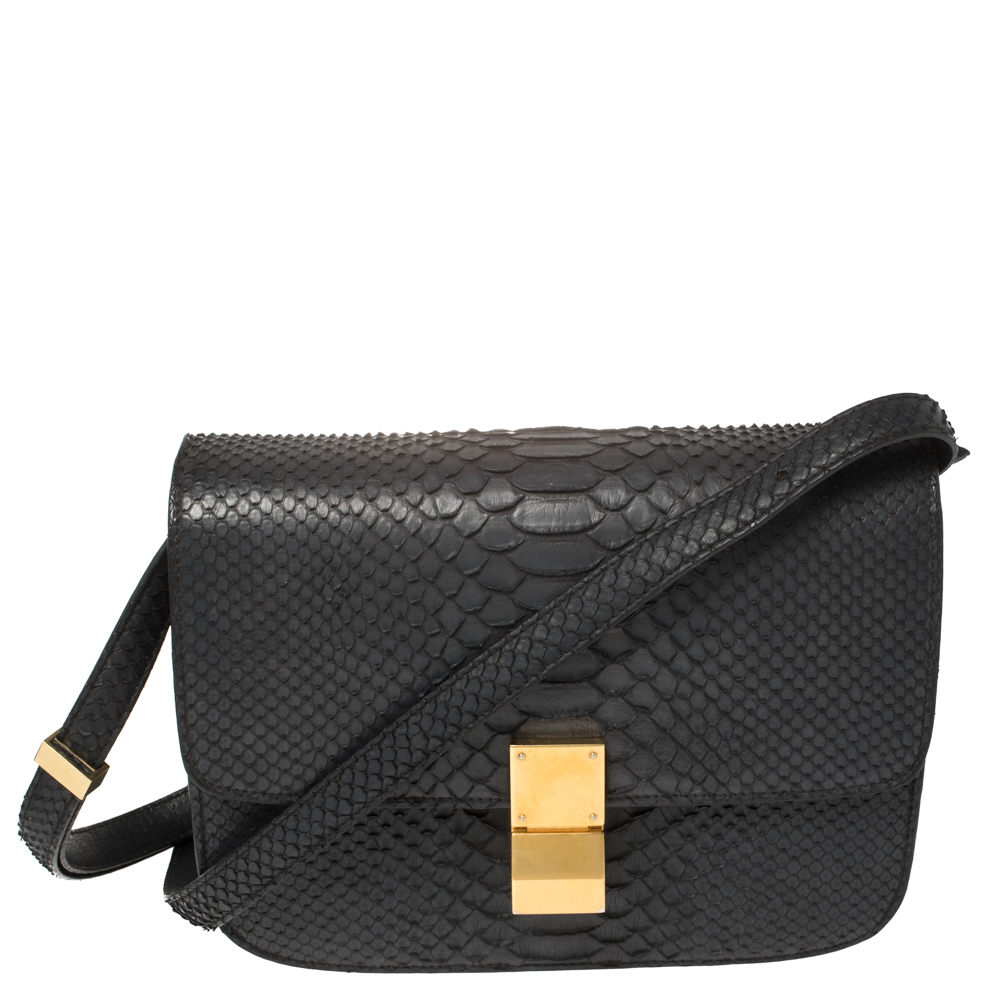 Celine Ash Black Python Medium Classic Box Shoulder Bag