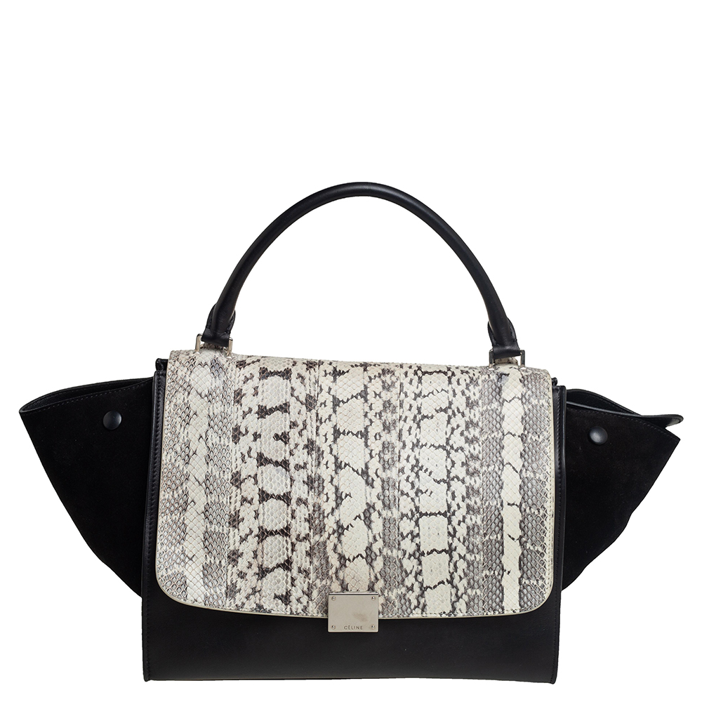 Celine Black Leather, Suede and Python Medium Trapeze Top Handle Bag