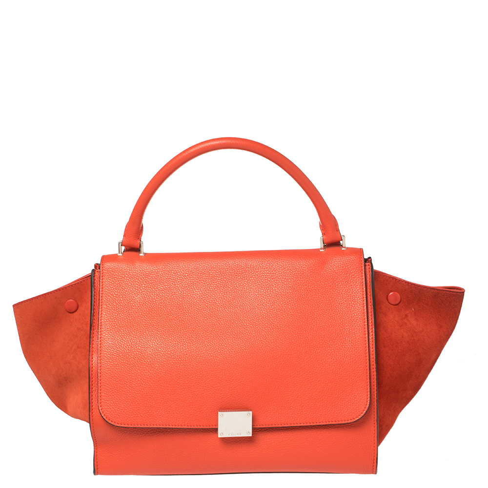 Celine Red Leather and Suede Medium Trapeze Top Handle Bag