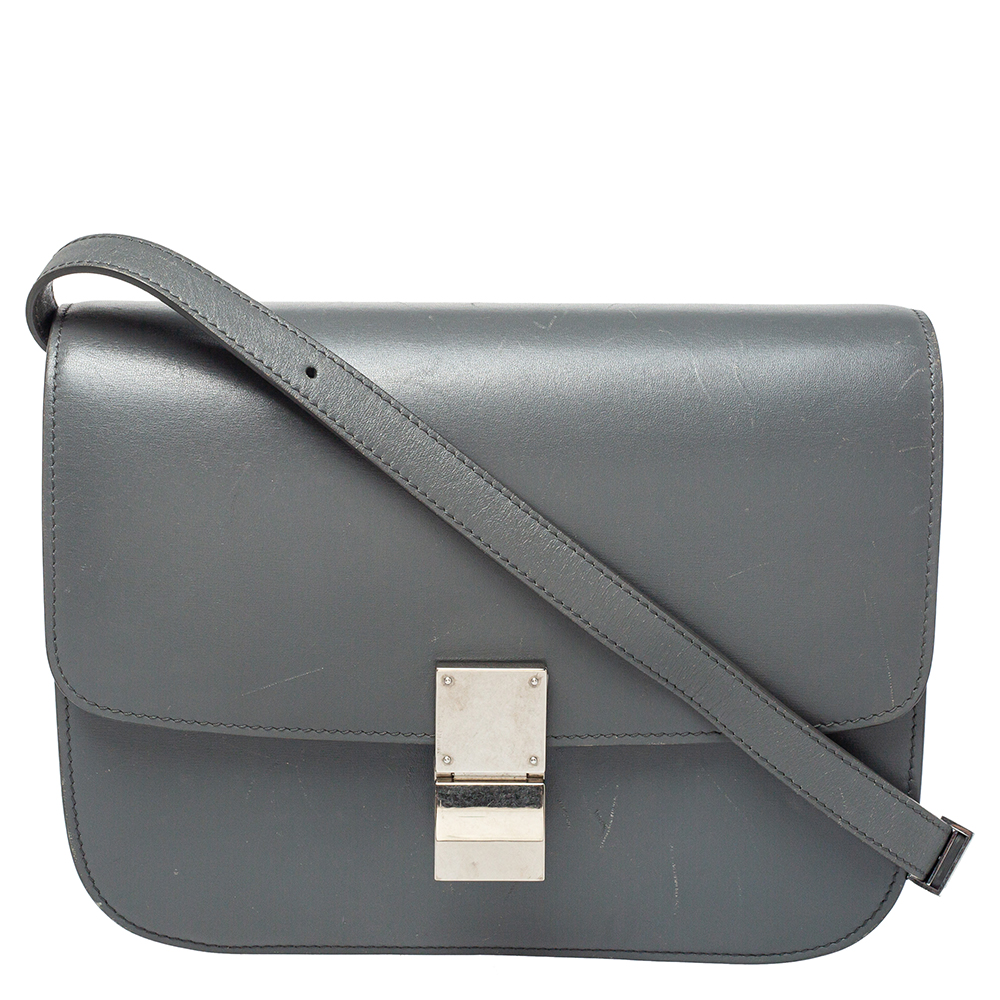 Celine Grey Leather Medium Classic Box Shoulder Bag