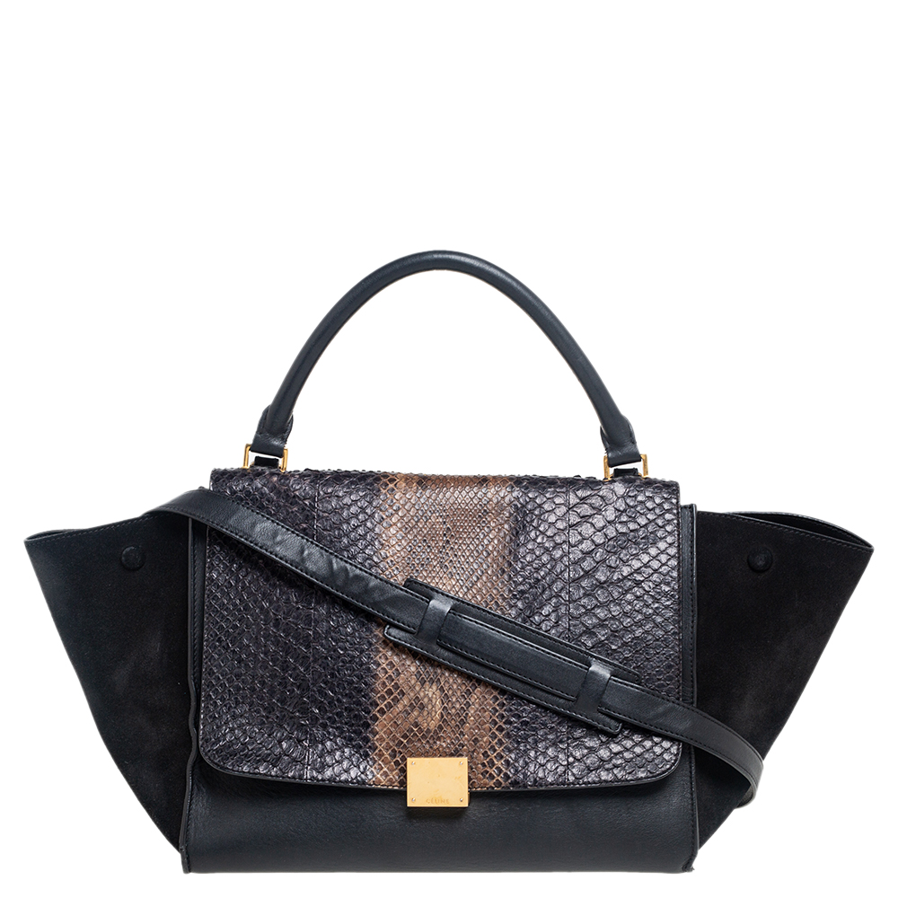 Celine black/brown python and leather medium trapeze bag