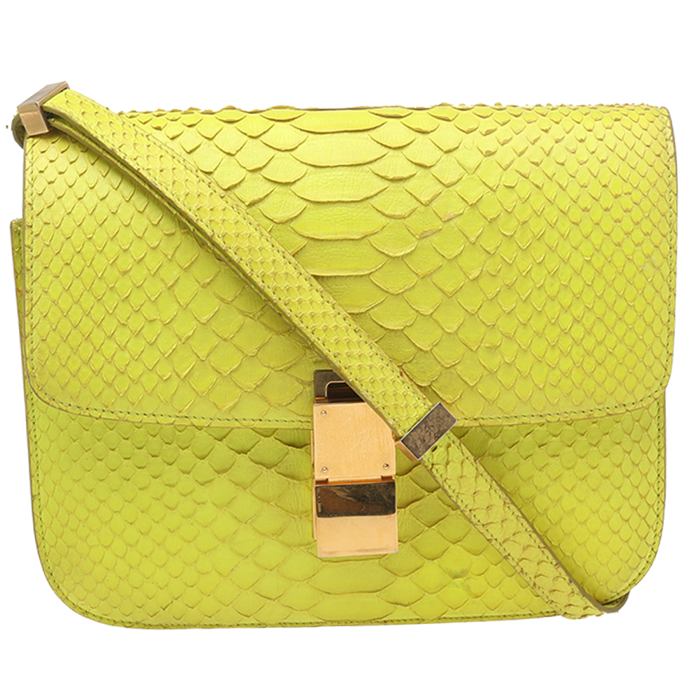 Celine Neon Yellow Python Leather Medium Box Shoulder Bag