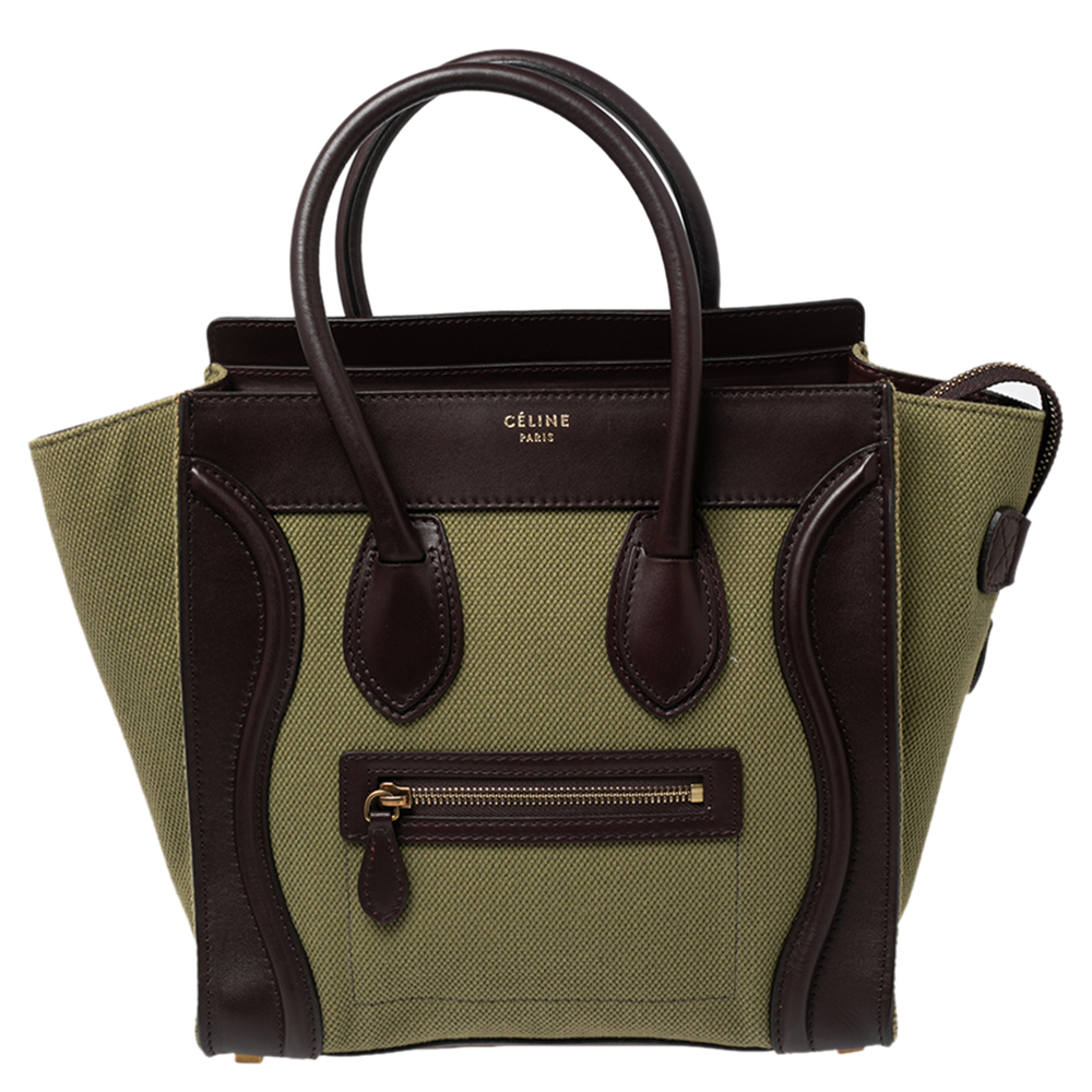 Celine Green/Brown Canvas and Leather Micro Luggage Tote