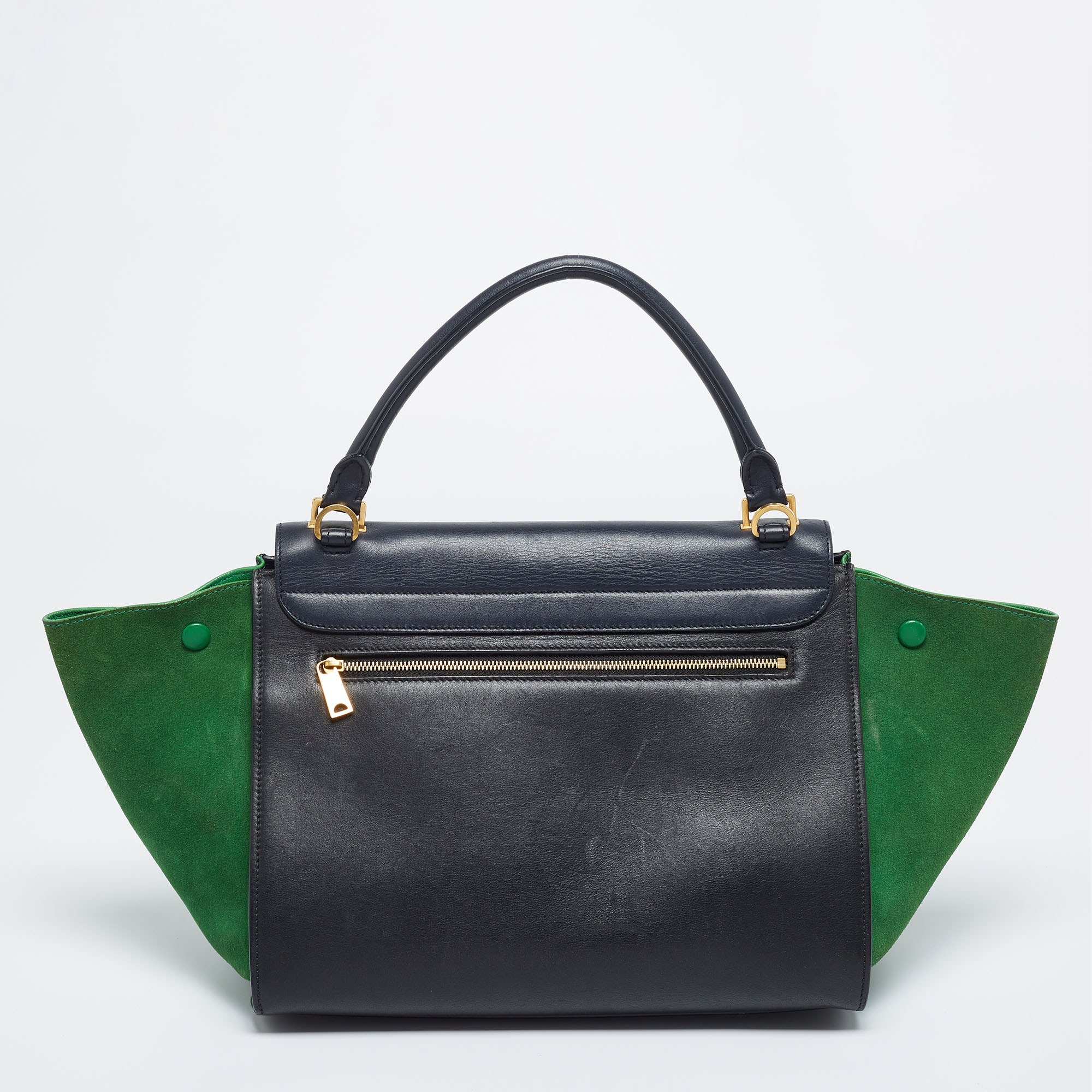 Celine Navy Blue/Green Leather And Suede Medium Trapeze Top Handle Bag