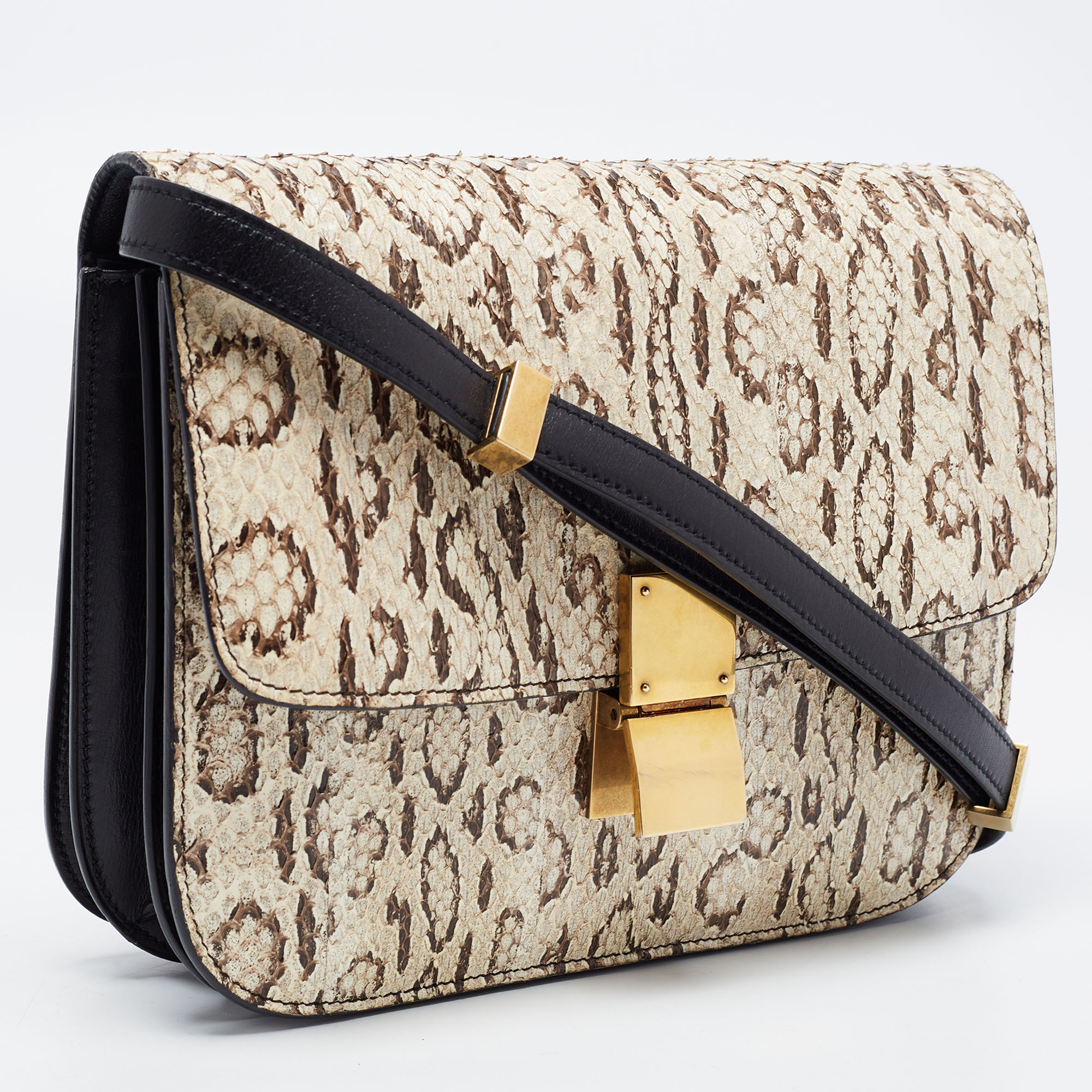 Celine Black/Beige Python And Leather Medium Classic Box Shoulder Bag