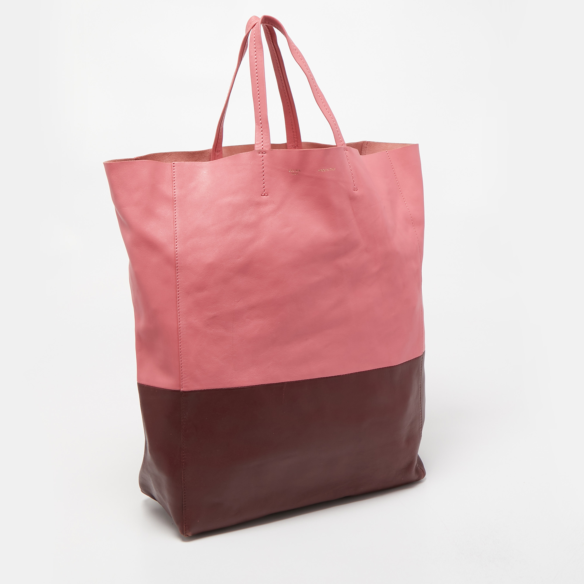 Celine Pink/Burgundy Leather Vertical Cabas Shopper Tote
