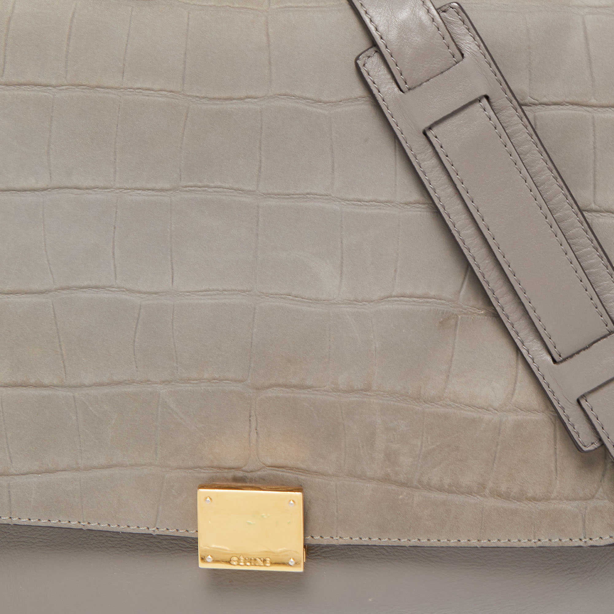 Celine Two Tone Grey Croc Embossed Leather And Suede Medium Trapeze Top Handle Bag