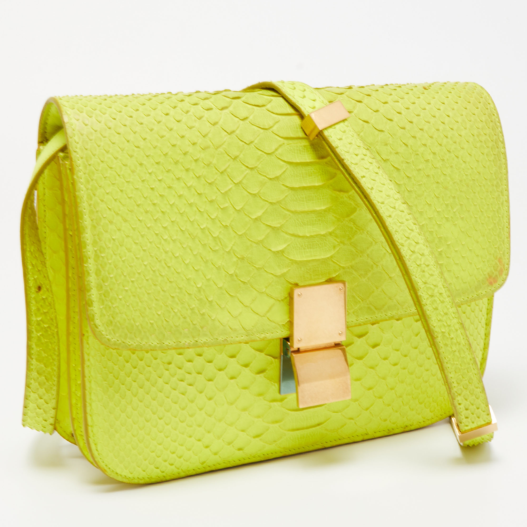 Celine Neon Green Python Medium Classic Box Shoulder Bag