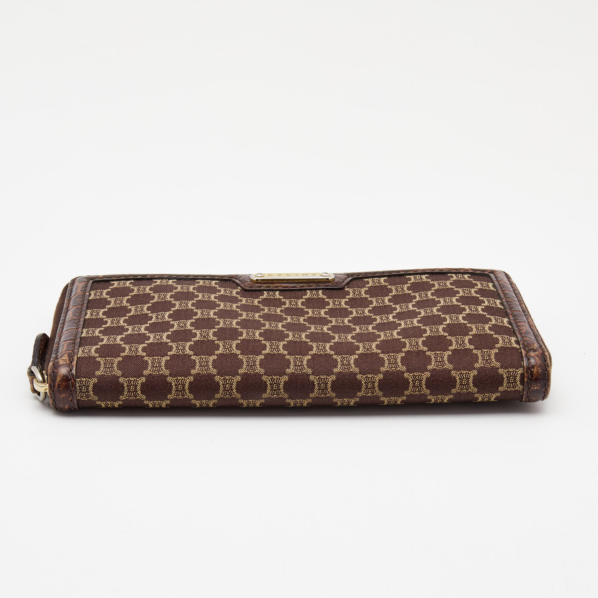 Celine Brown Macadam Canvas And Croc Embossed Leather Zip Around Continental Wallet