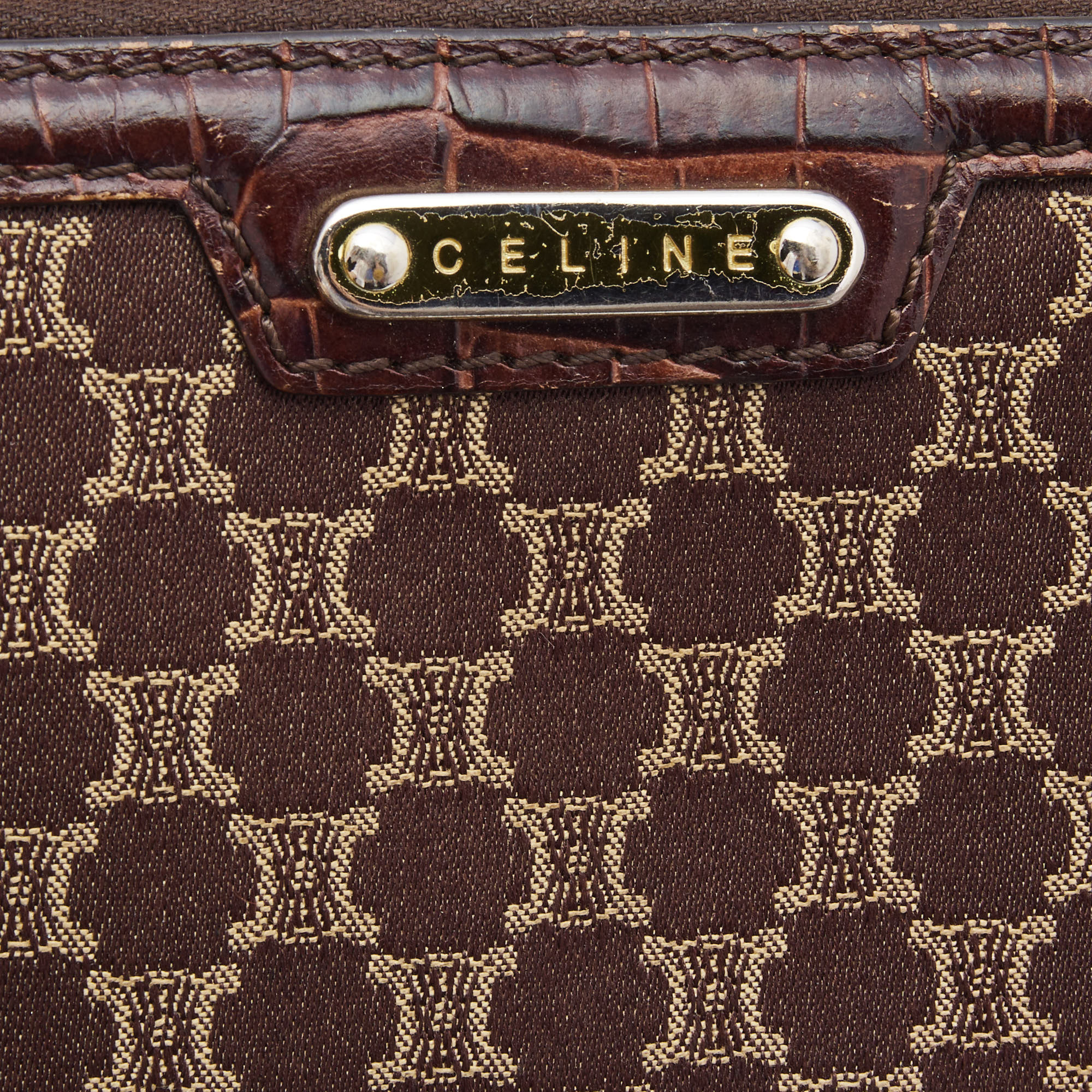 Celine Brown Macadam Canvas And Croc Embossed Leather Zip Around Continental Wallet