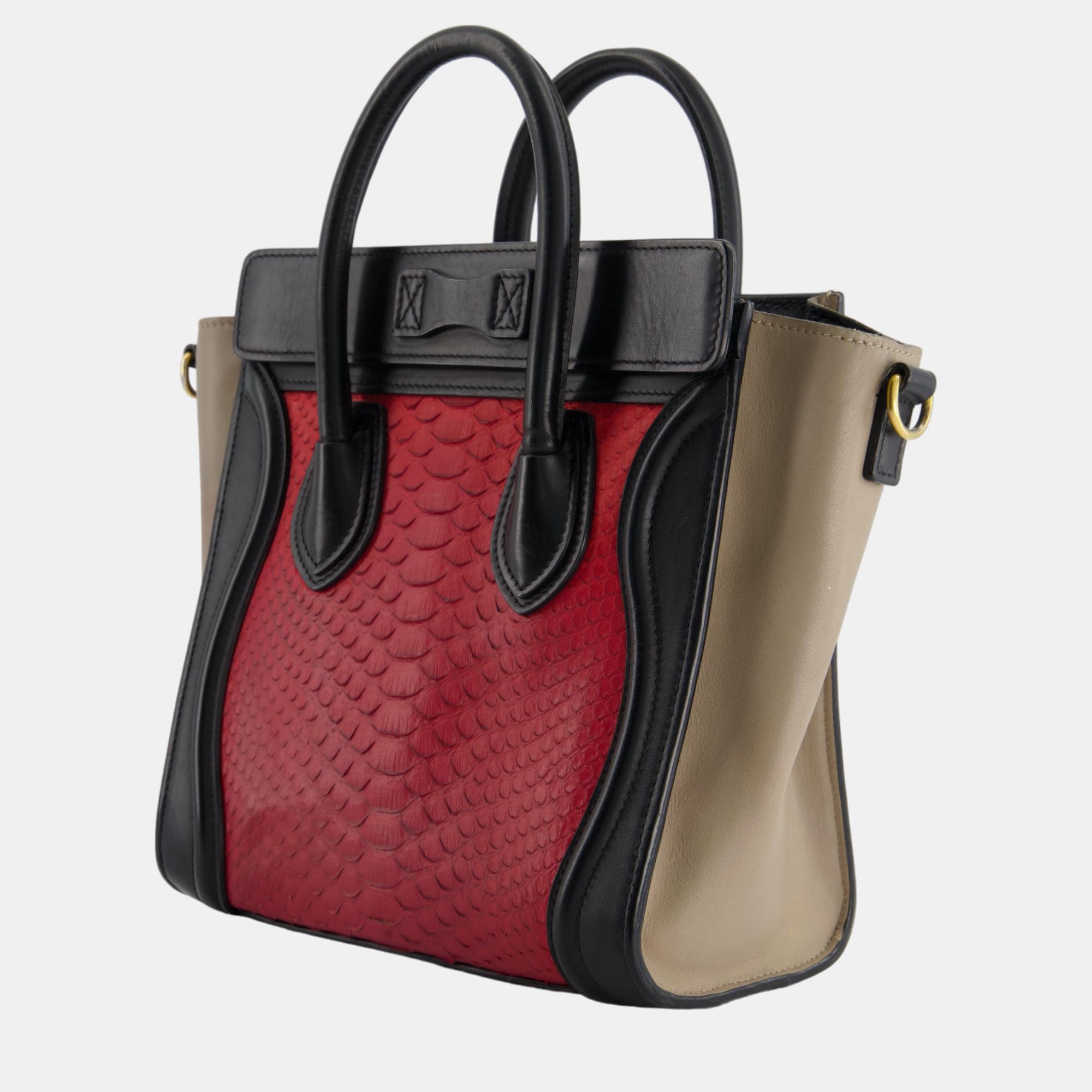 Celine Red, Black And Taupe Mini Luggage Hand Bag In Smooth Calfskin Leather And Python With Gold Hardware