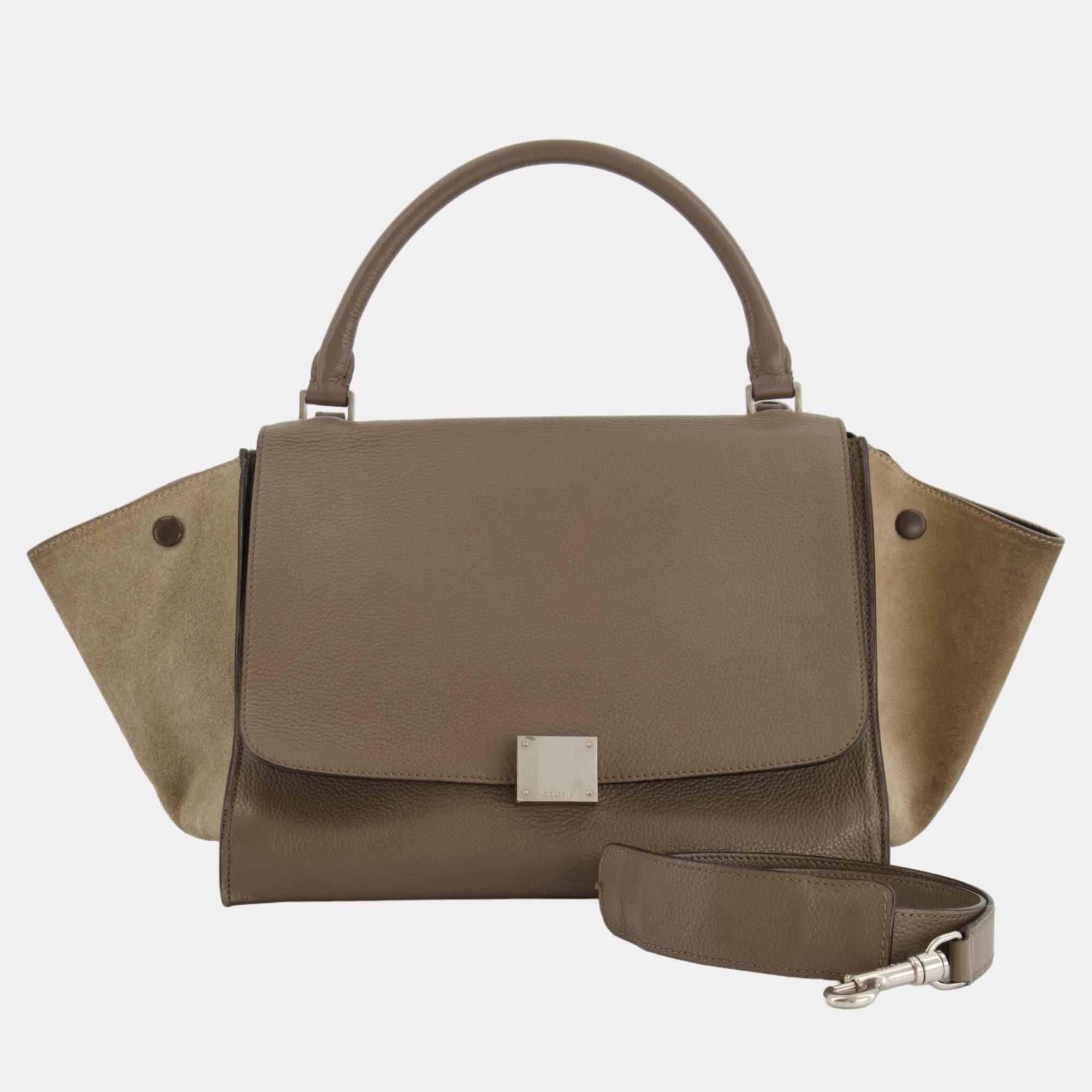 Celine Khaki Leather And Suede Trapeze Handbag With Silver Hardware