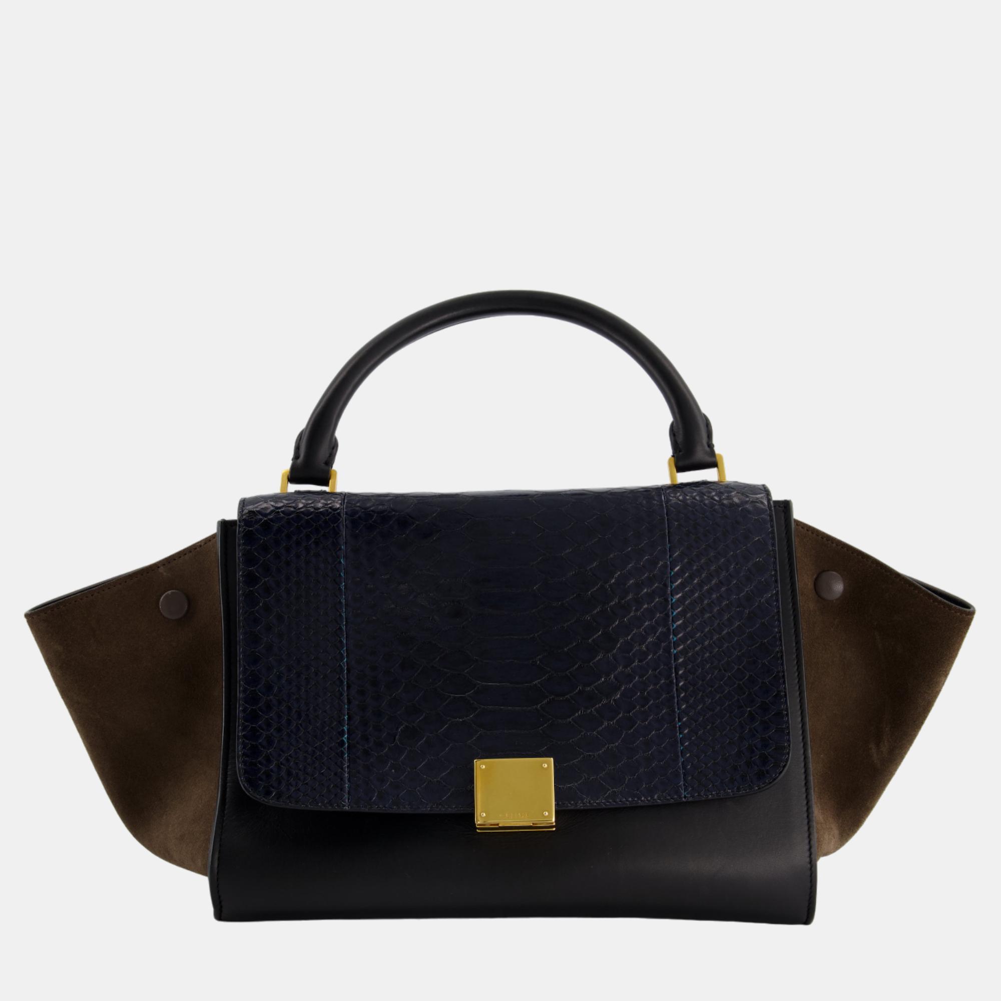 Celine Navy Python, Brown Suede Trapeze Hand Bag With Gold Hardware