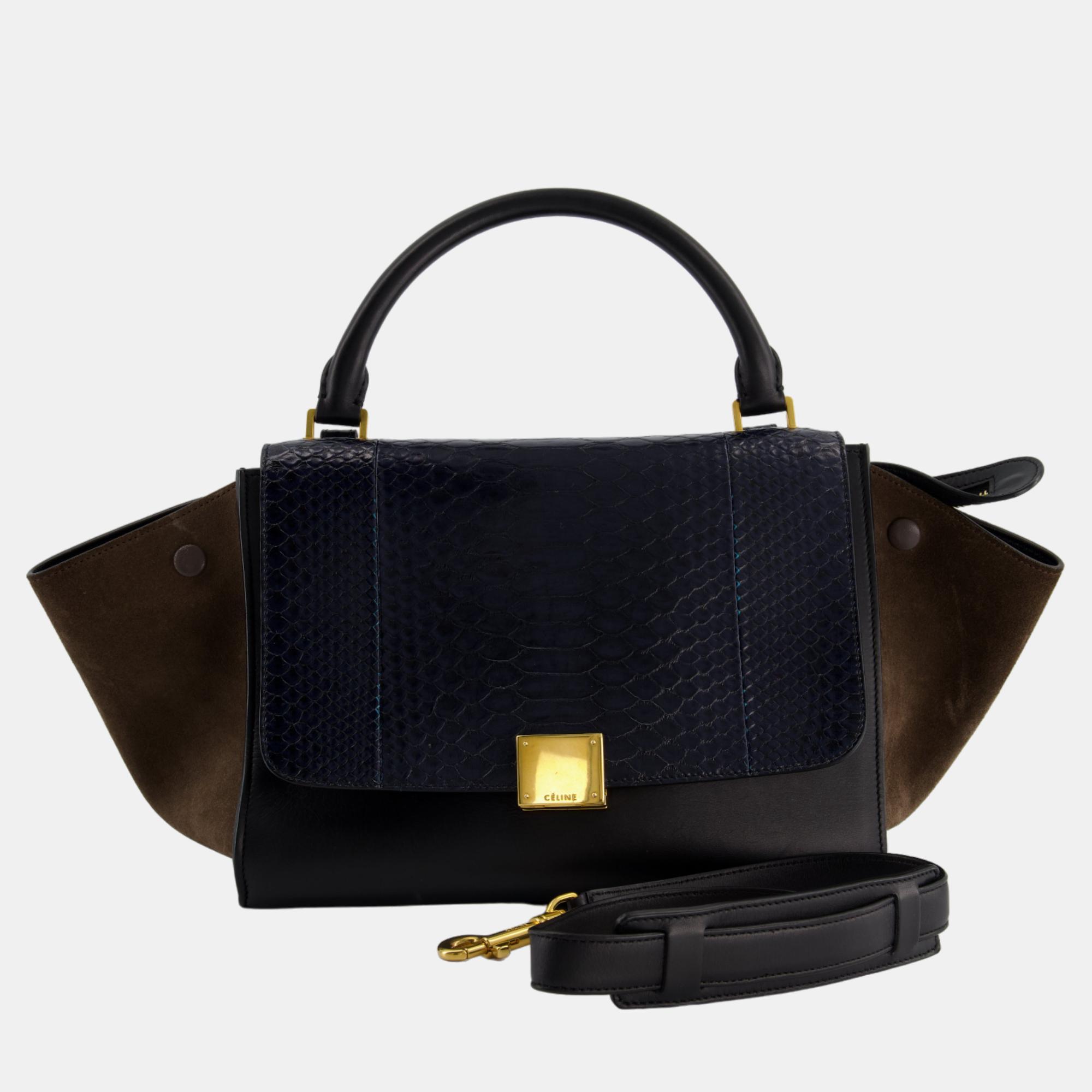 Celine Navy Python, Brown Suede Trapeze Hand Bag With Gold Hardware