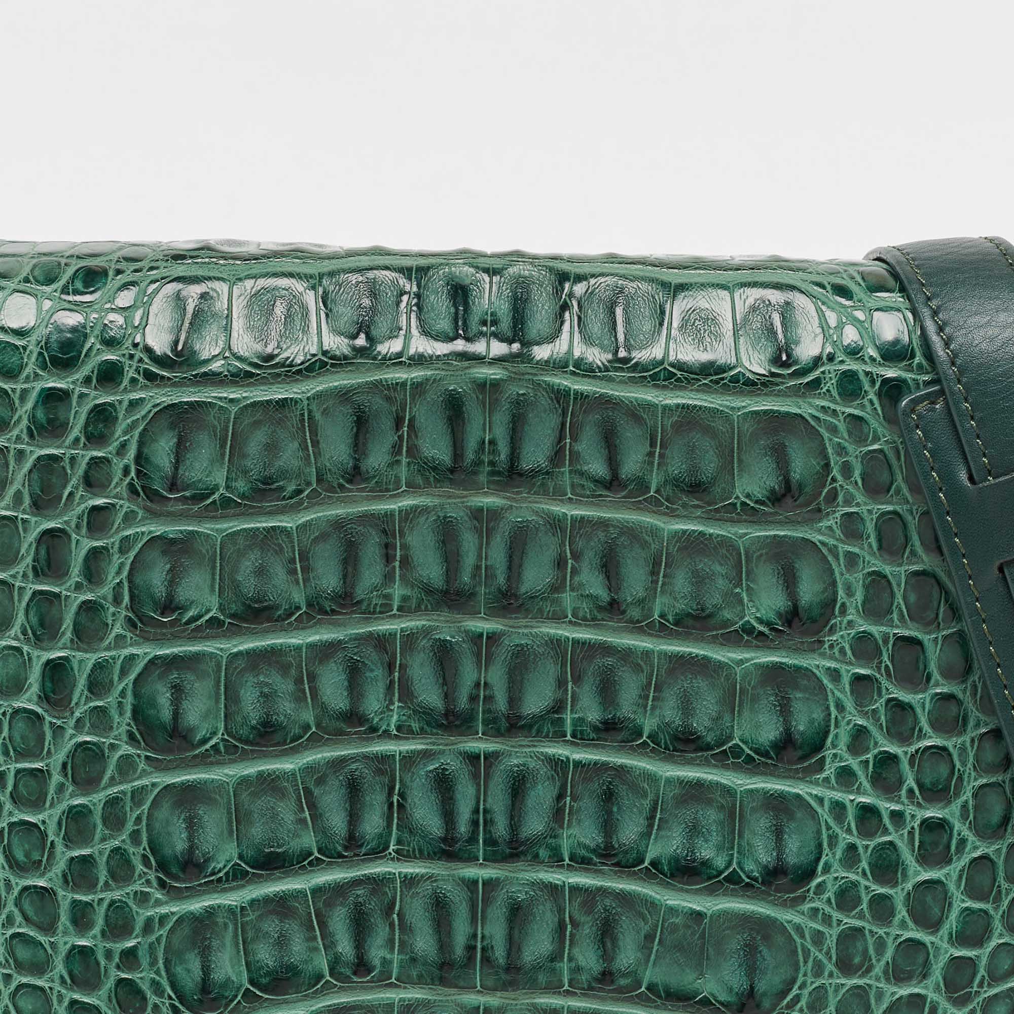 Celine Green Leather And Croc Medium Trapeze Top Handle Bag