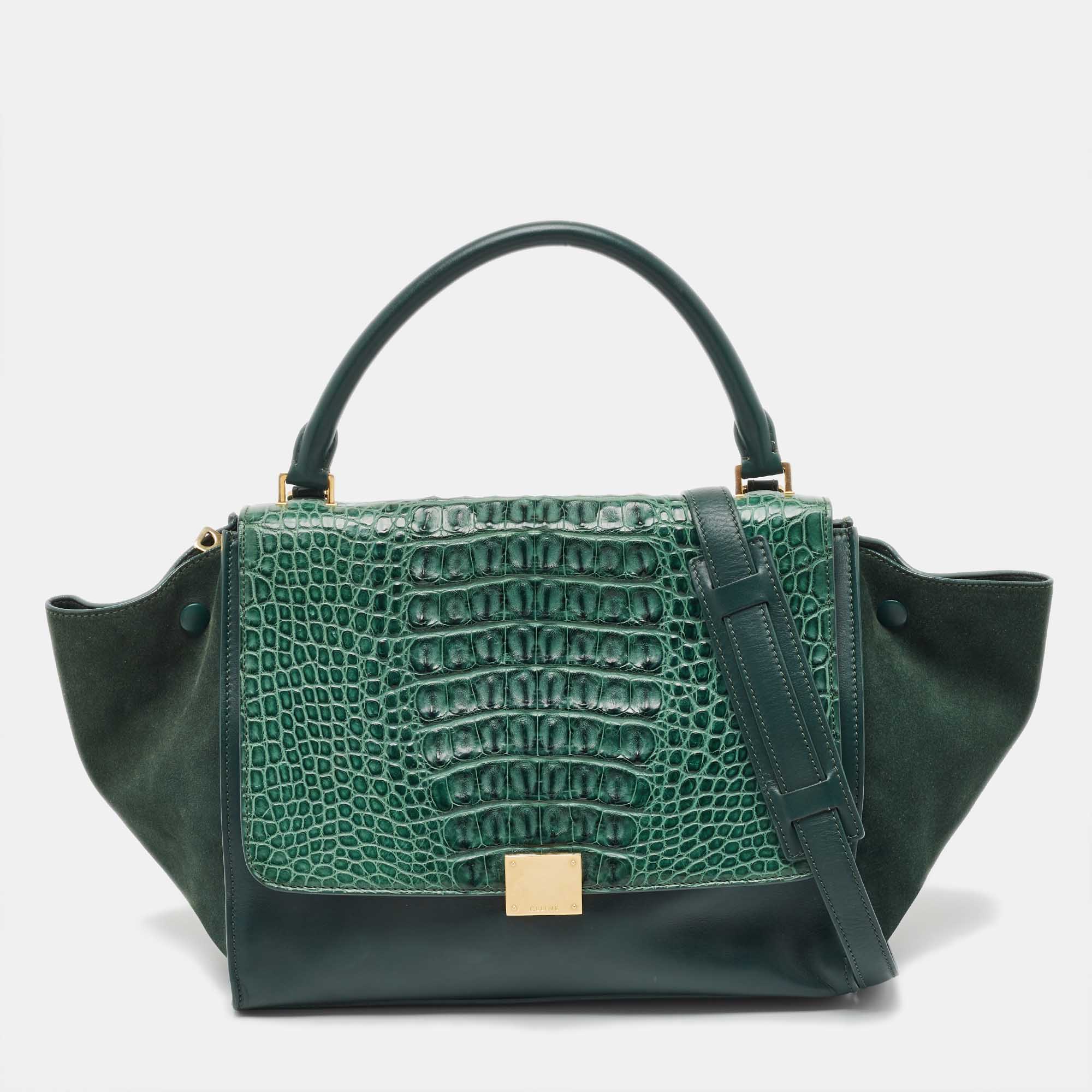 Celine Green Leather And Croc Medium Trapeze Top Handle Bag
