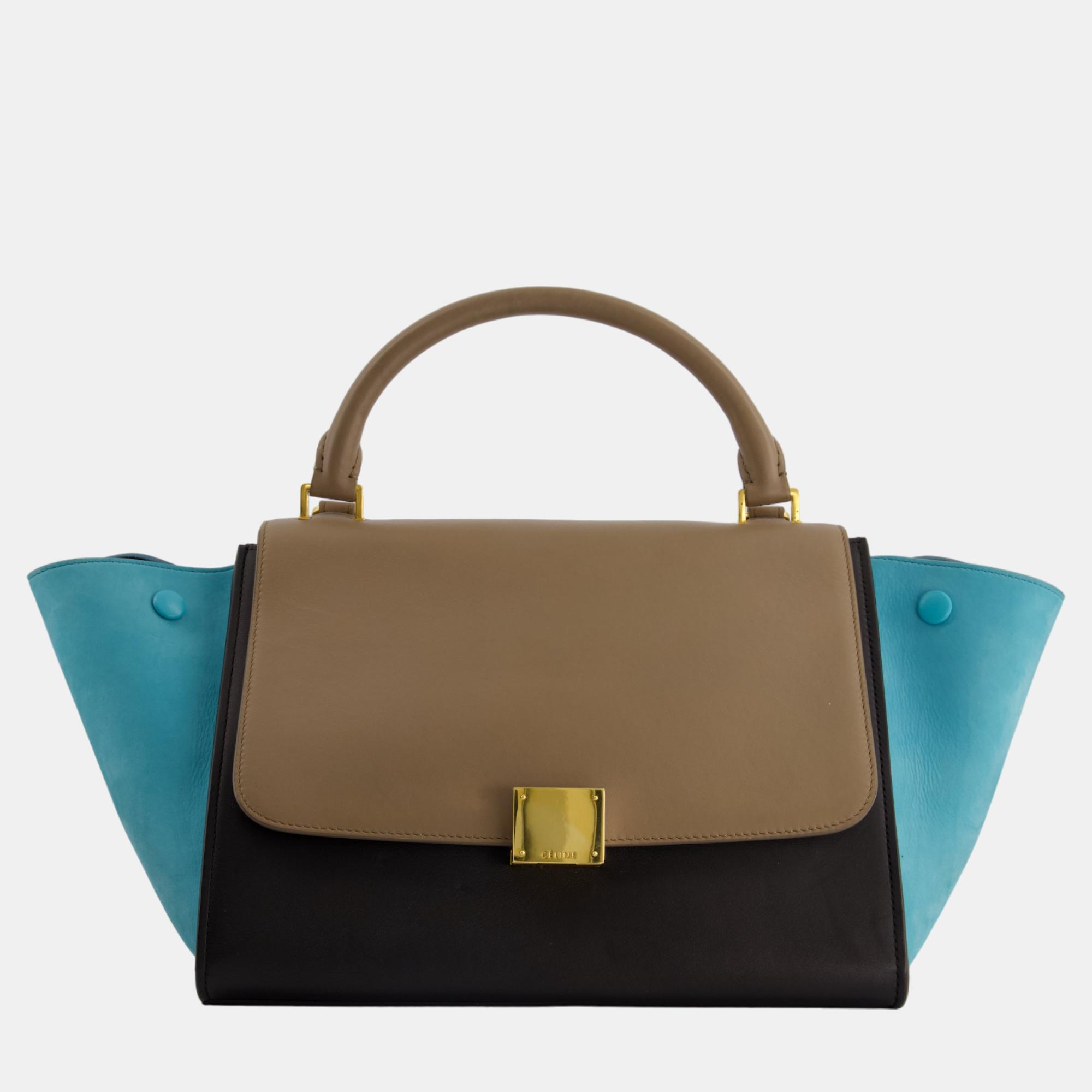 Celine Black, Taupe And Turquoise Suede And Calfskin Trapeze Bag With Gold Hardware