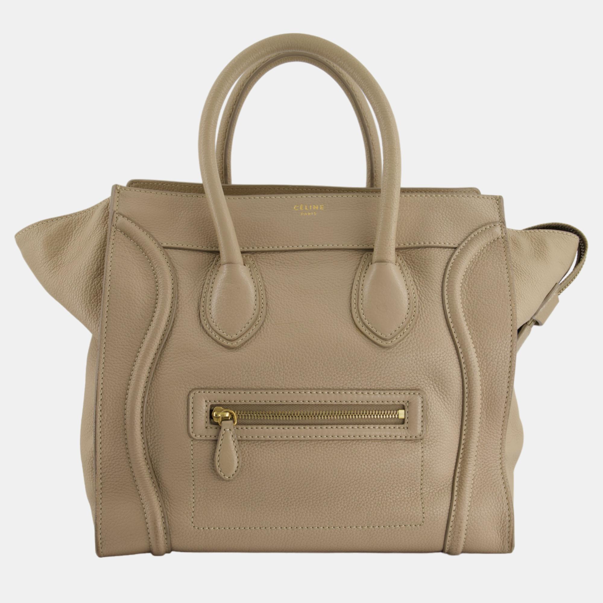 Celine Beige Mini Luggage Handbag In Grained Calfskin With Gold Hardware