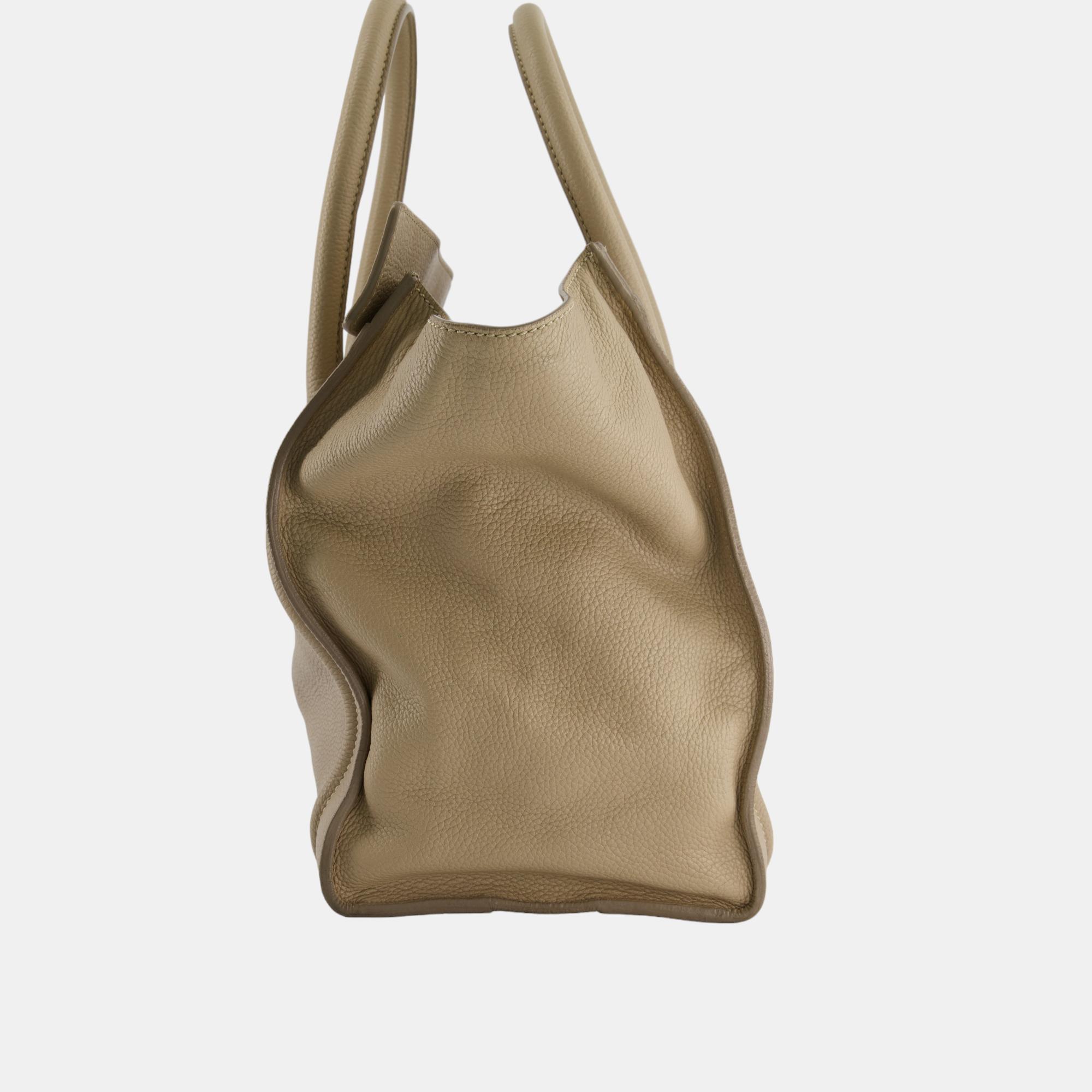 Celine Beige Mini Luggage Handbag In Grained Calfskin With Gold Hardware