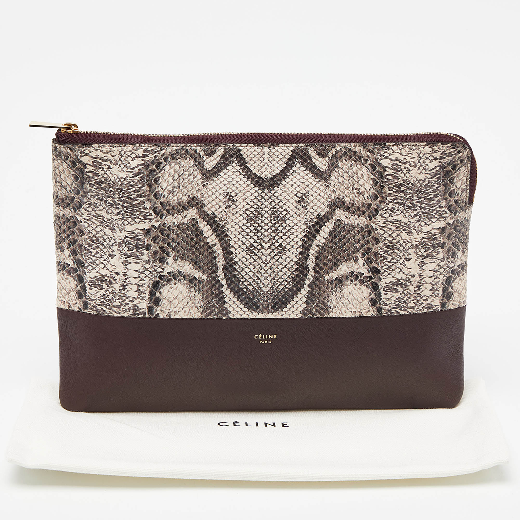 Celine Beige/Burgundy Snake Print Leather And Leather Solo Clutch Pouch