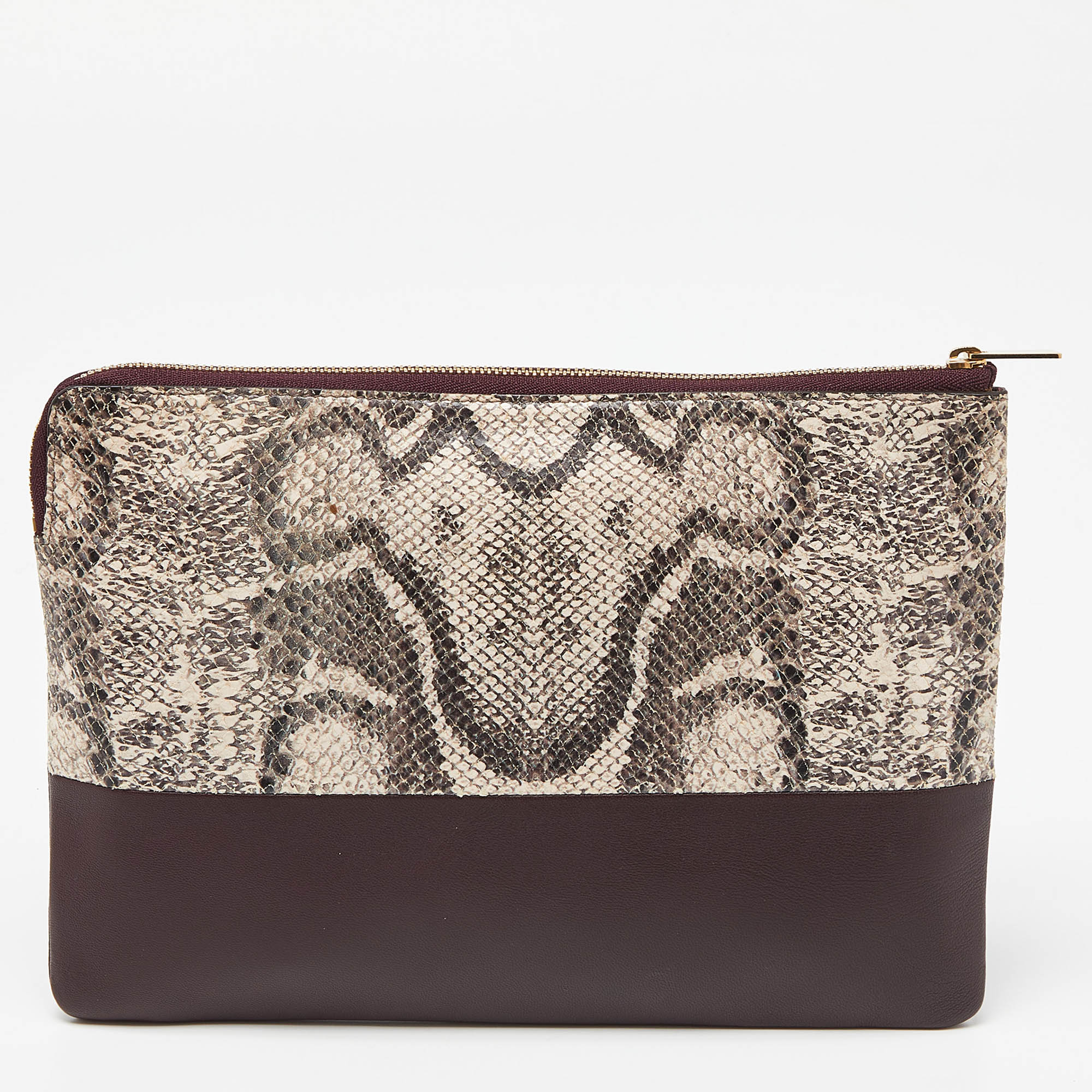 Celine Beige/Burgundy Snake Print Leather And Leather Solo Clutch Pouch