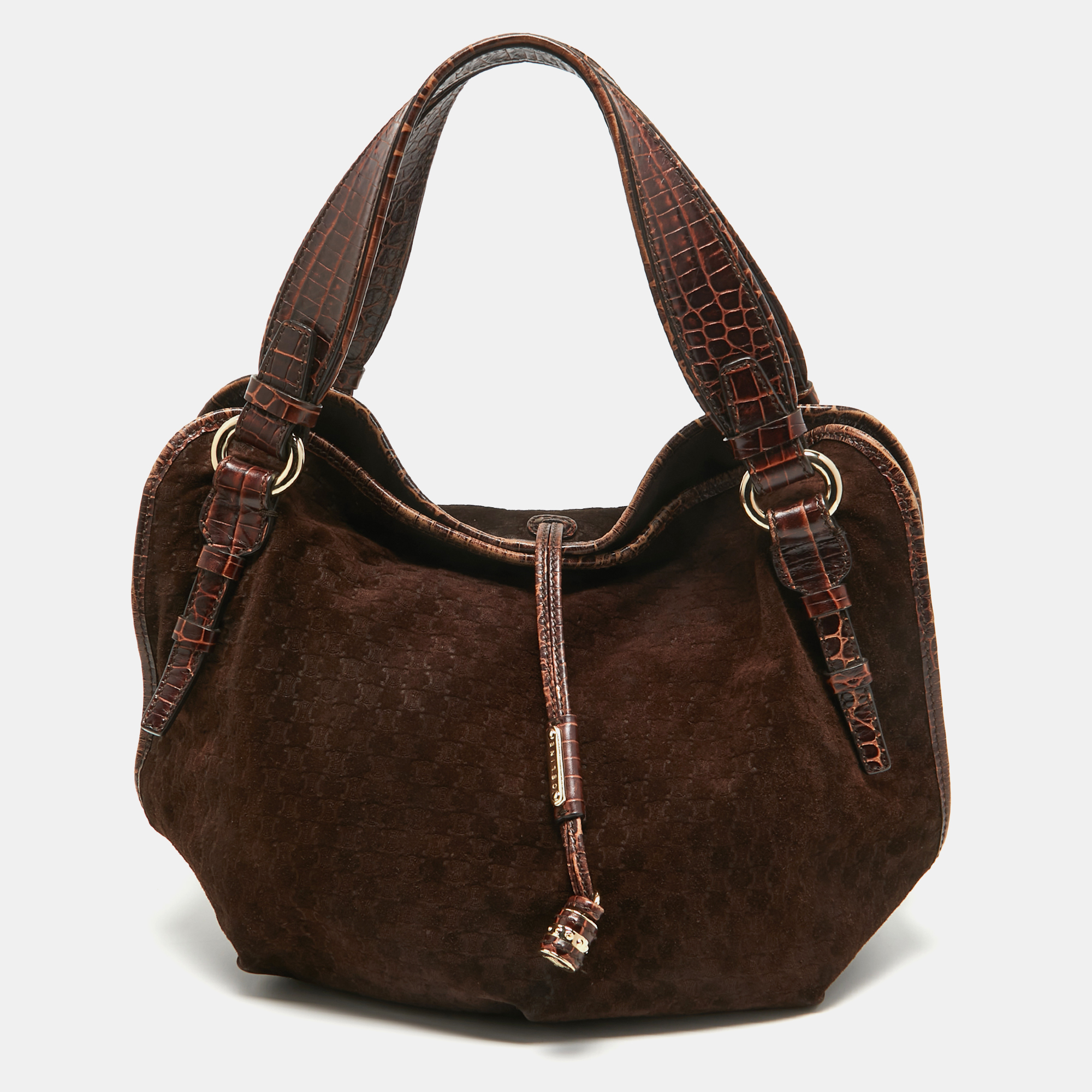 Celine Dark Brown Macadam Suede And Croc Embossed Leather Bittersweet Hobo