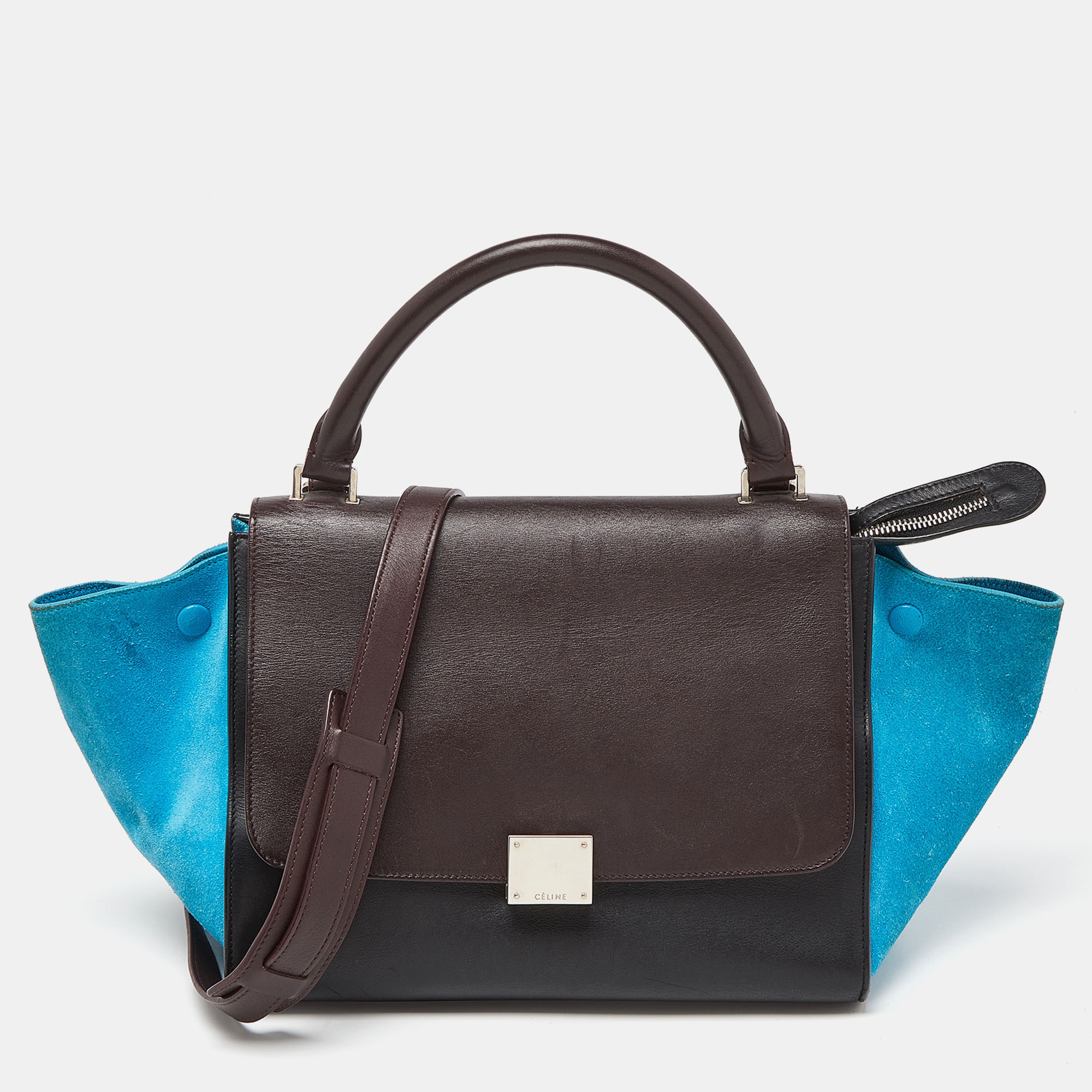 Celine tri color leather and suede small trapeze top handle bag