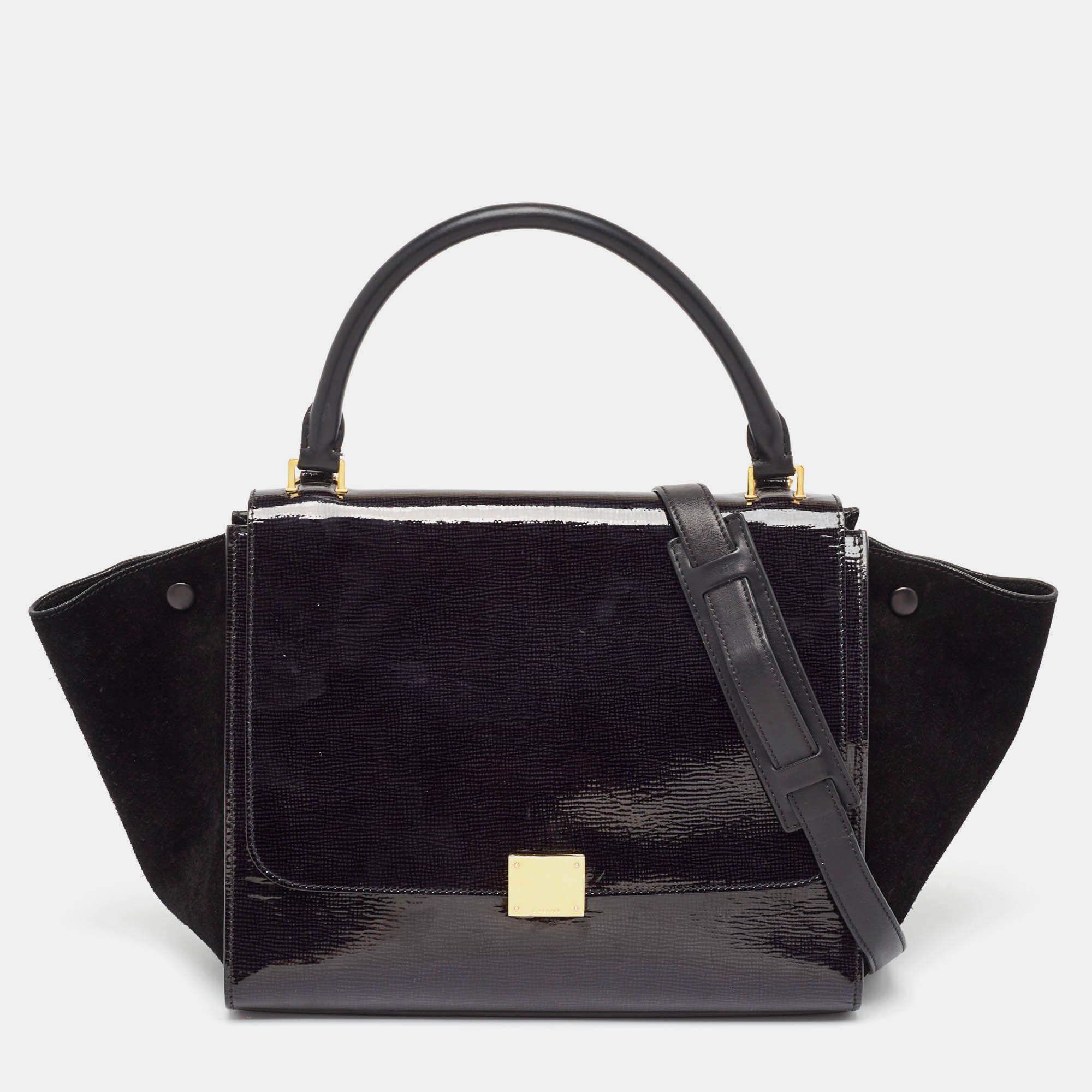 Celine black patent leather and suede medium trapeze bag