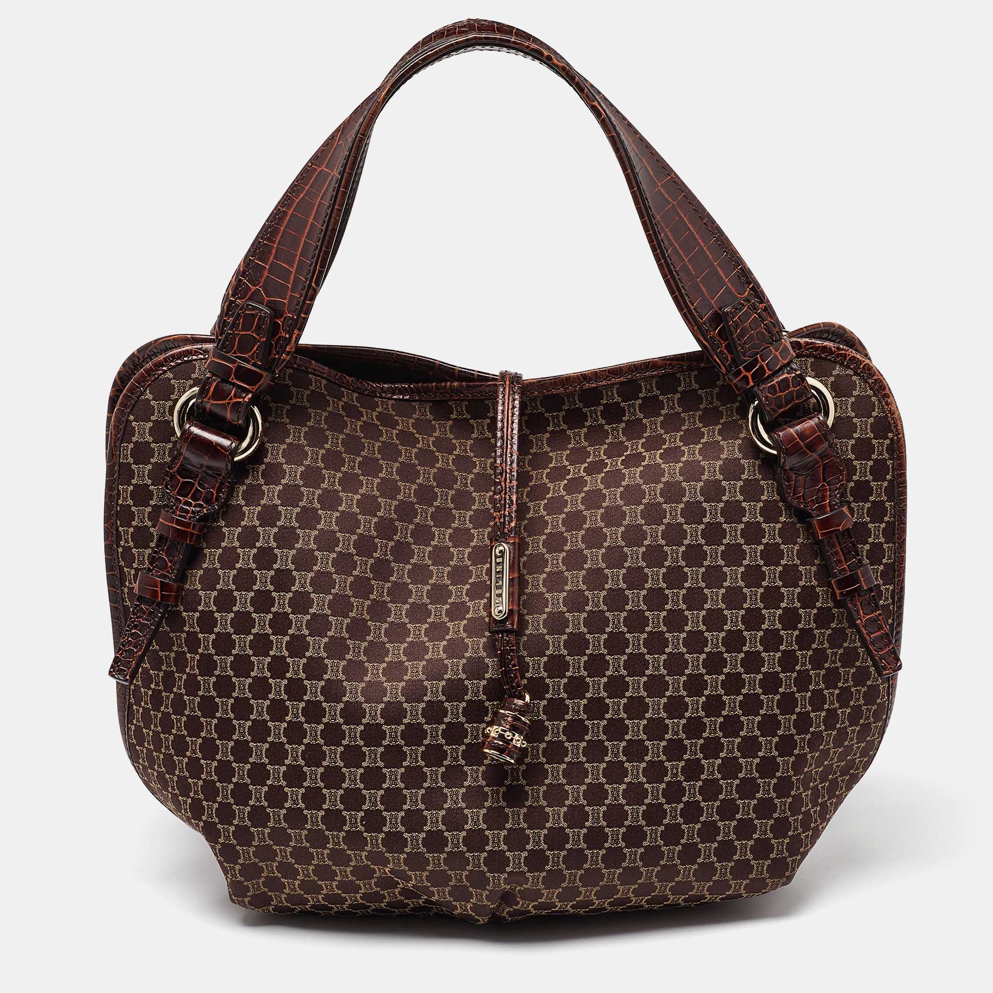 Celine dark brown macadam fabric and croc embossed leather bittersweet hobo