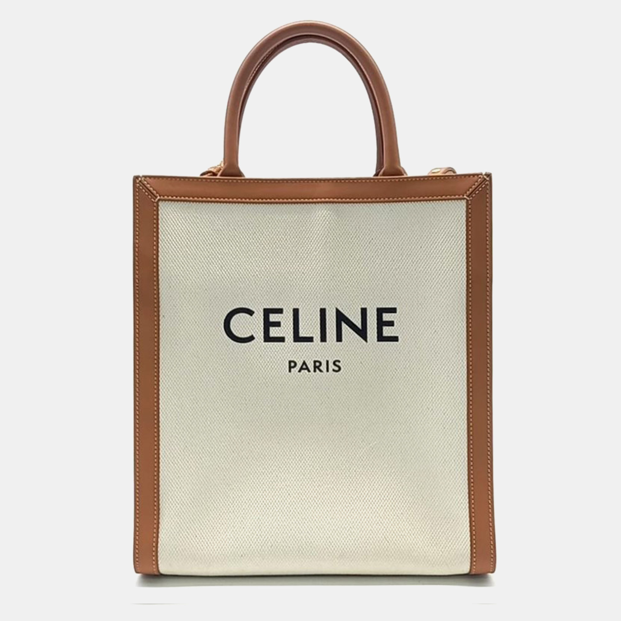 Celine beige/brown fabric and leather small cabas vertical tote bag