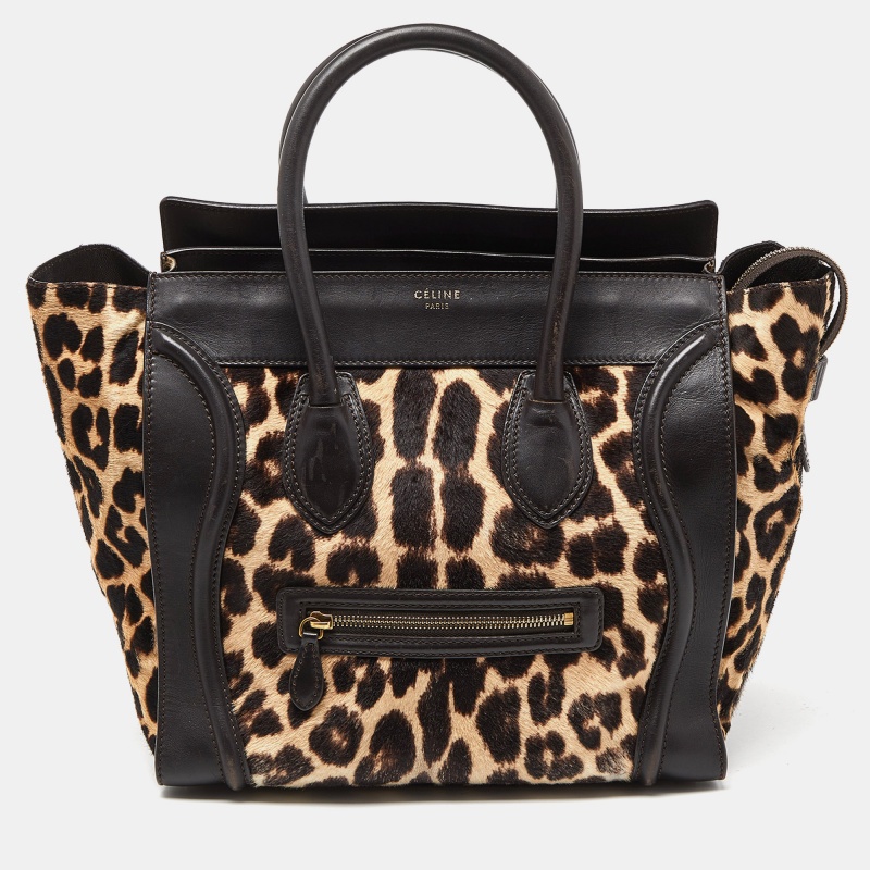 Celine brown leopard print calfhair and leather mini luggage tote