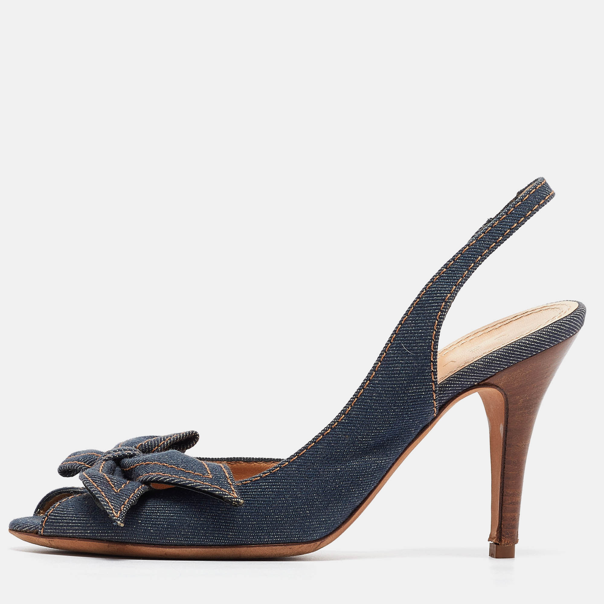 Celine navy blue denim bow d'orsay slingback sandals size 38