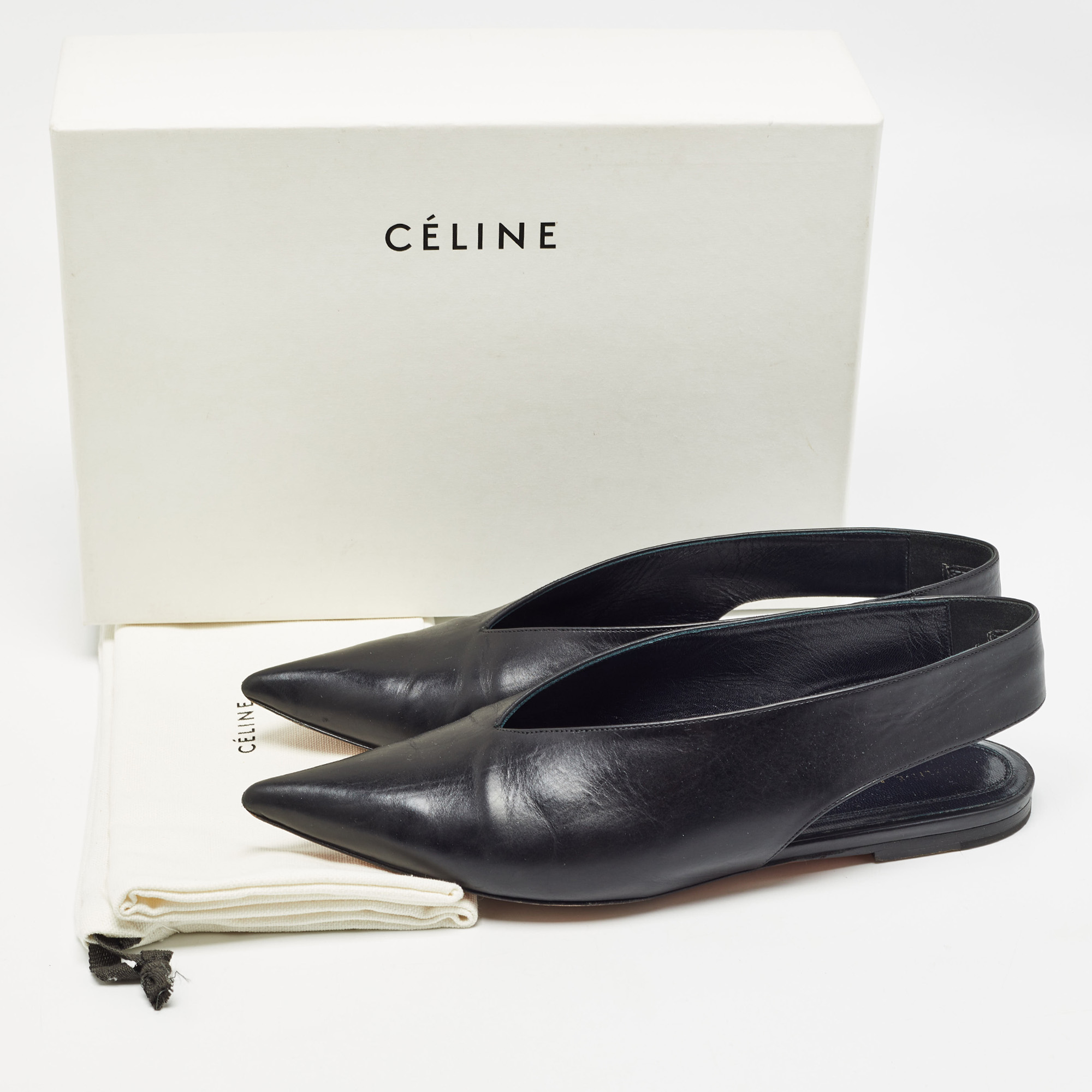 Celine Black Leather V Neck Pointed Toe Slingback Mules Size 38