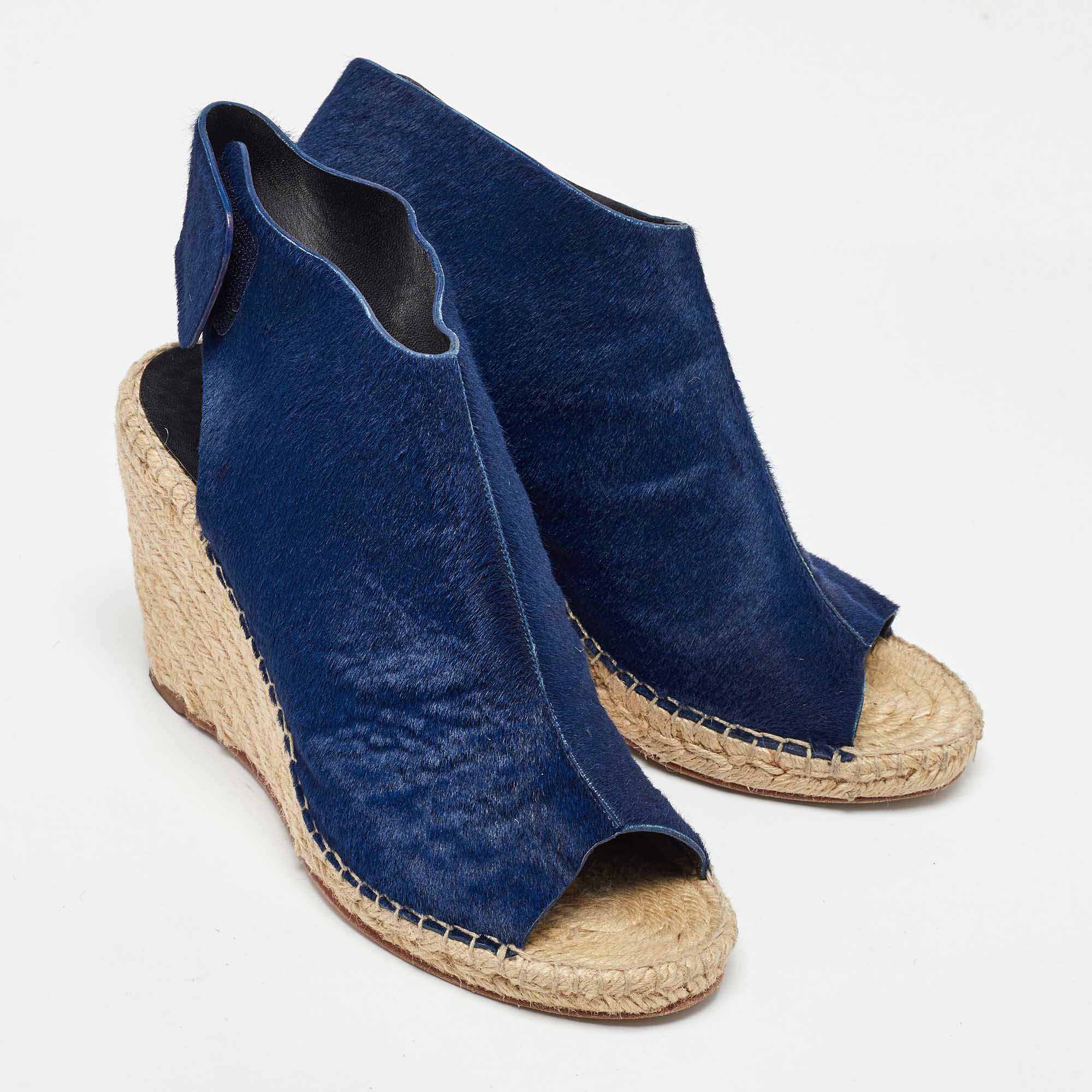 Celine Blue Calf Hair Open Toe Espadrille Wedge Sandals Size 40