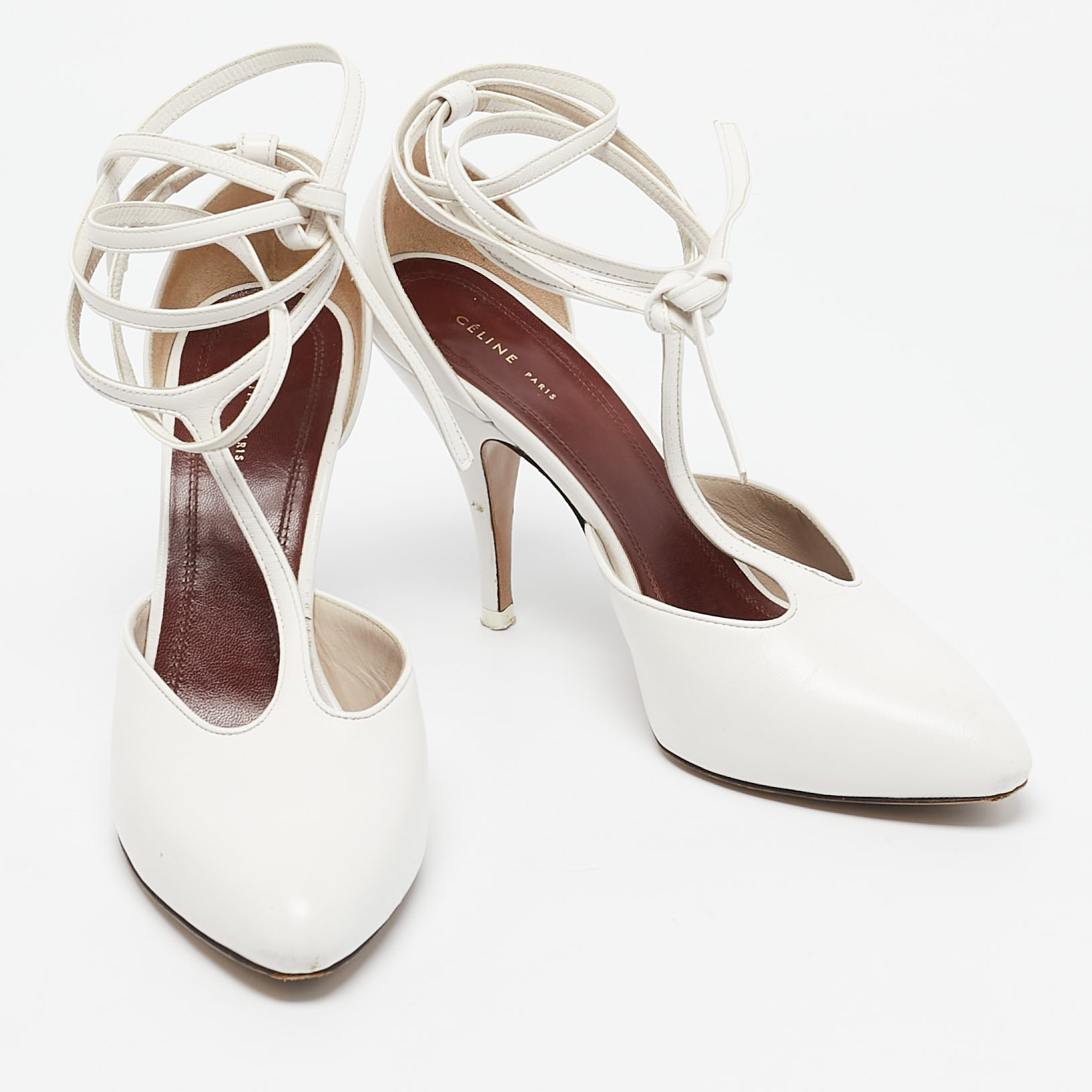 Celine White Leather Night Out T-Strap Ankle Wrap Pumps Size 36