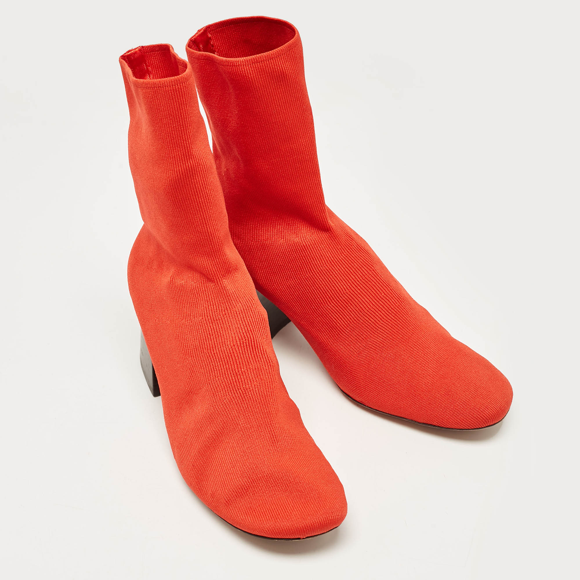 Celine Orange Stretch Knit Fabric Sock Block Heel Ankle Boots Size 39.5