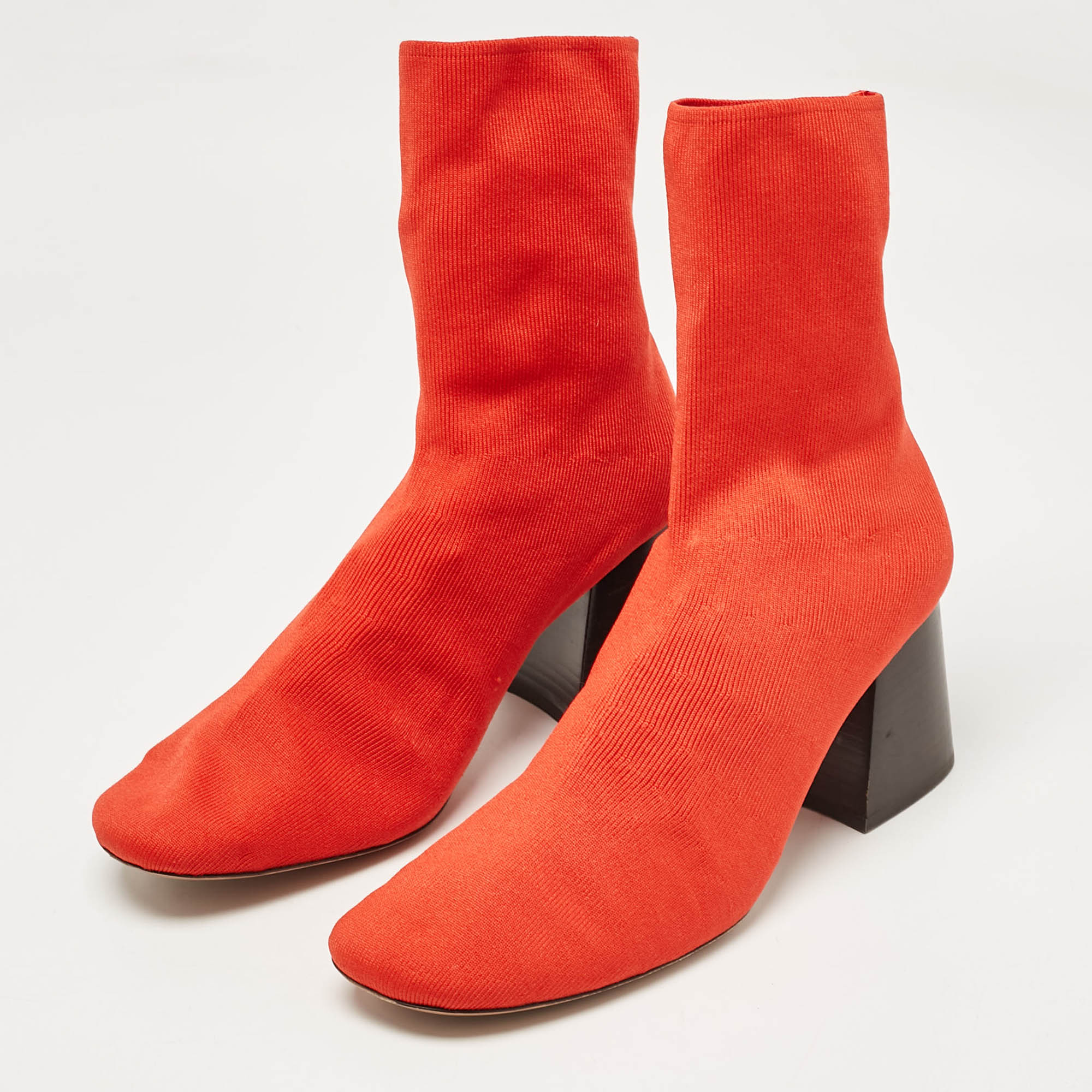 Celine Orange Stretch Knit Fabric Sock Block Heel Ankle Boots Size 39.5