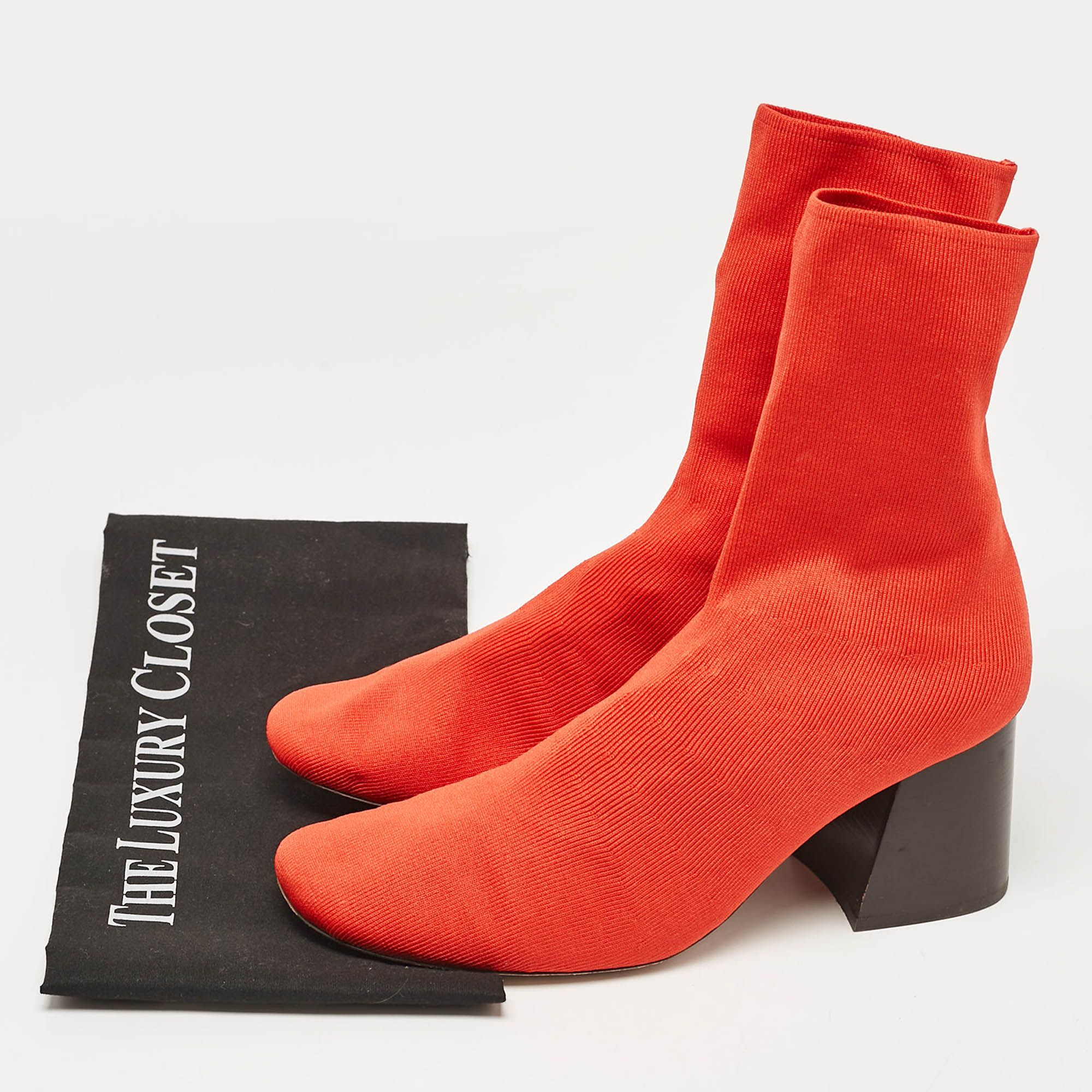 Celine Orange Stretch Knit Fabric Sock Block Heel Ankle Boots Size 39.5