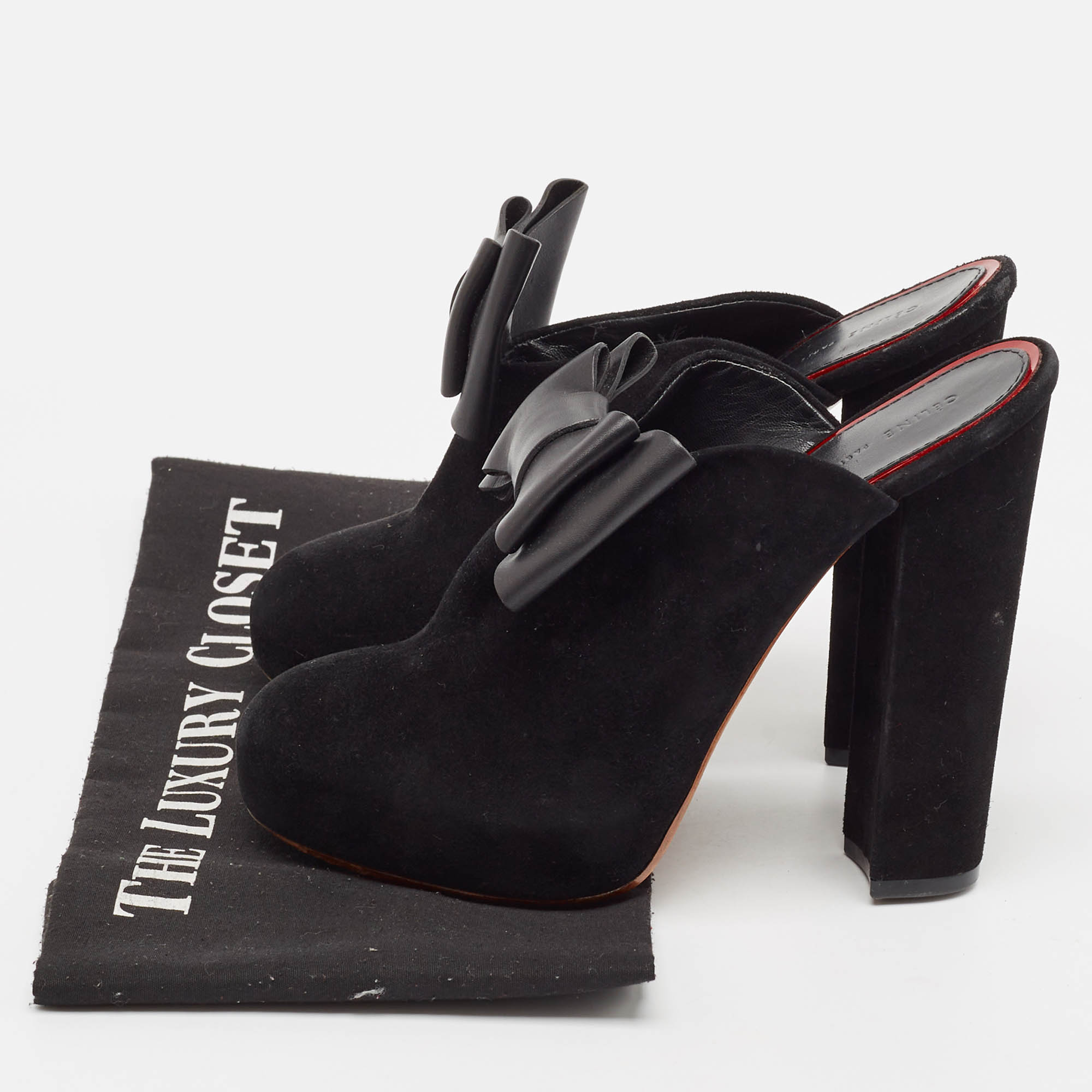 Celine Black Leather And Suede Phoebe Philo Bow Mules Size 37