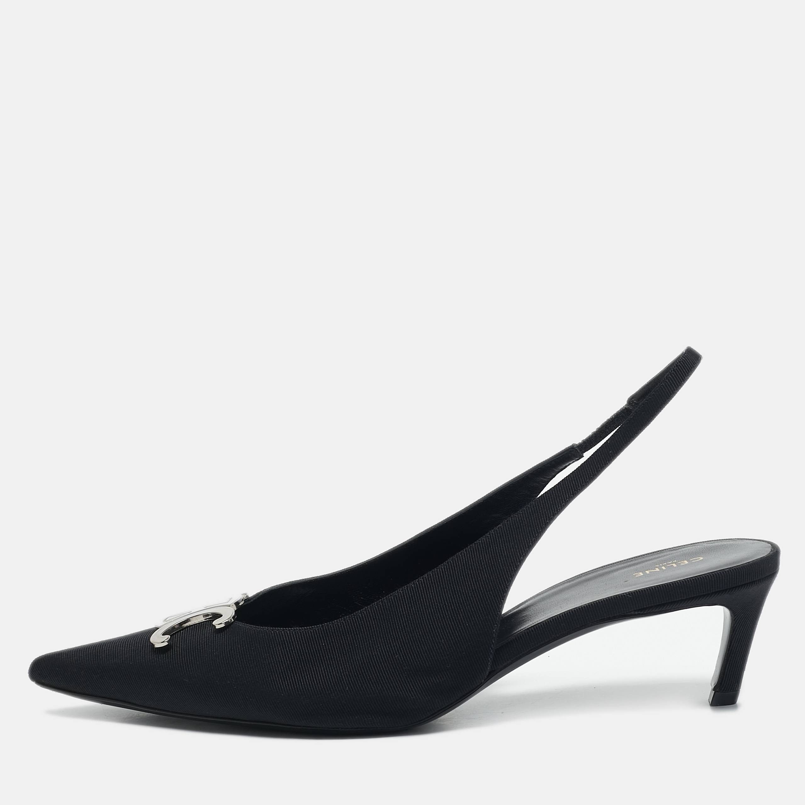 Celine Black Fabric Logo Pointed Toe Alma Triomphe Slingback Pumps Size
Celine Black Fabric Logo Pointed Toe Alma Triomphe Slingback Pumps Size