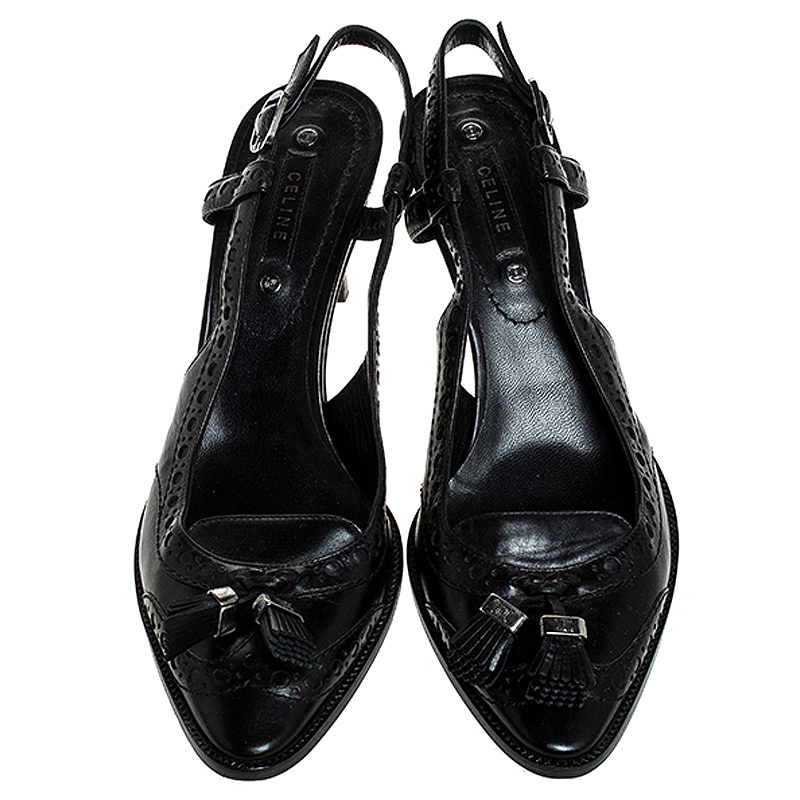 Celine Black Brogue Leather Tassel Slingback Sandals Size 40