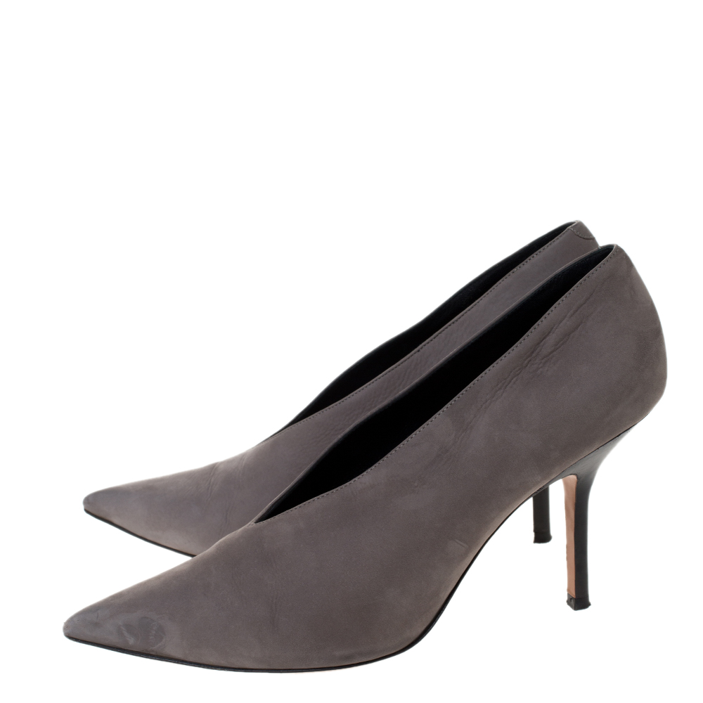 Celine Grey Nubuck Leather V Neck Pointed Toe Pumps Size 38.5