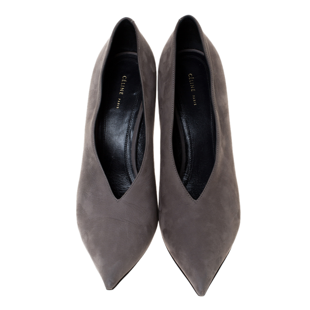 Celine Grey Nubuck Leather V Neck Pointed Toe Pumps Size 38.5