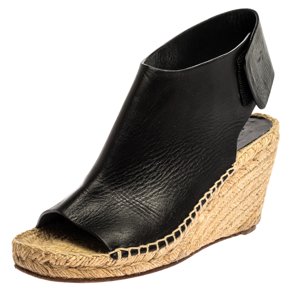 Image of Celine Black Leather Open Toe Espadrilles Wedge Sandals Size