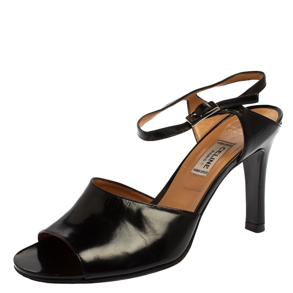 Celine Vintage Black Leather Open Toe Ankle Strap Sandals Size 39